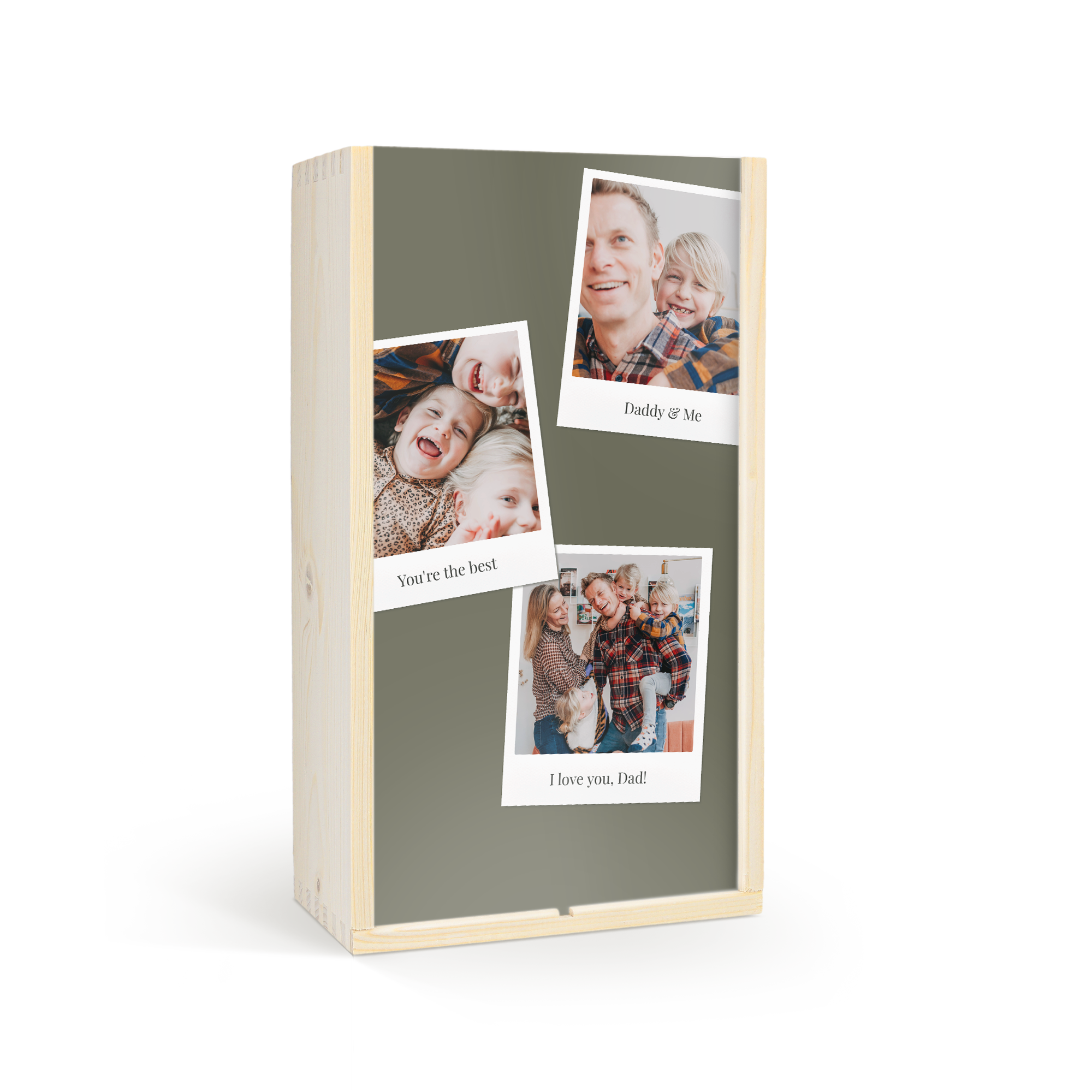 Caixa de madeira personalizada com fotos impressas de família e texto "Daddy & Me", "You're the best" e "I love you, Dad!".