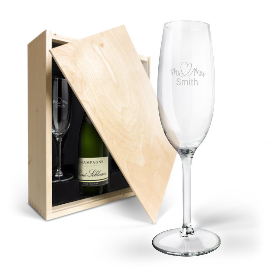 Personalised champagne gift set - Rene Schloesser (750ml) - Engraved glasses