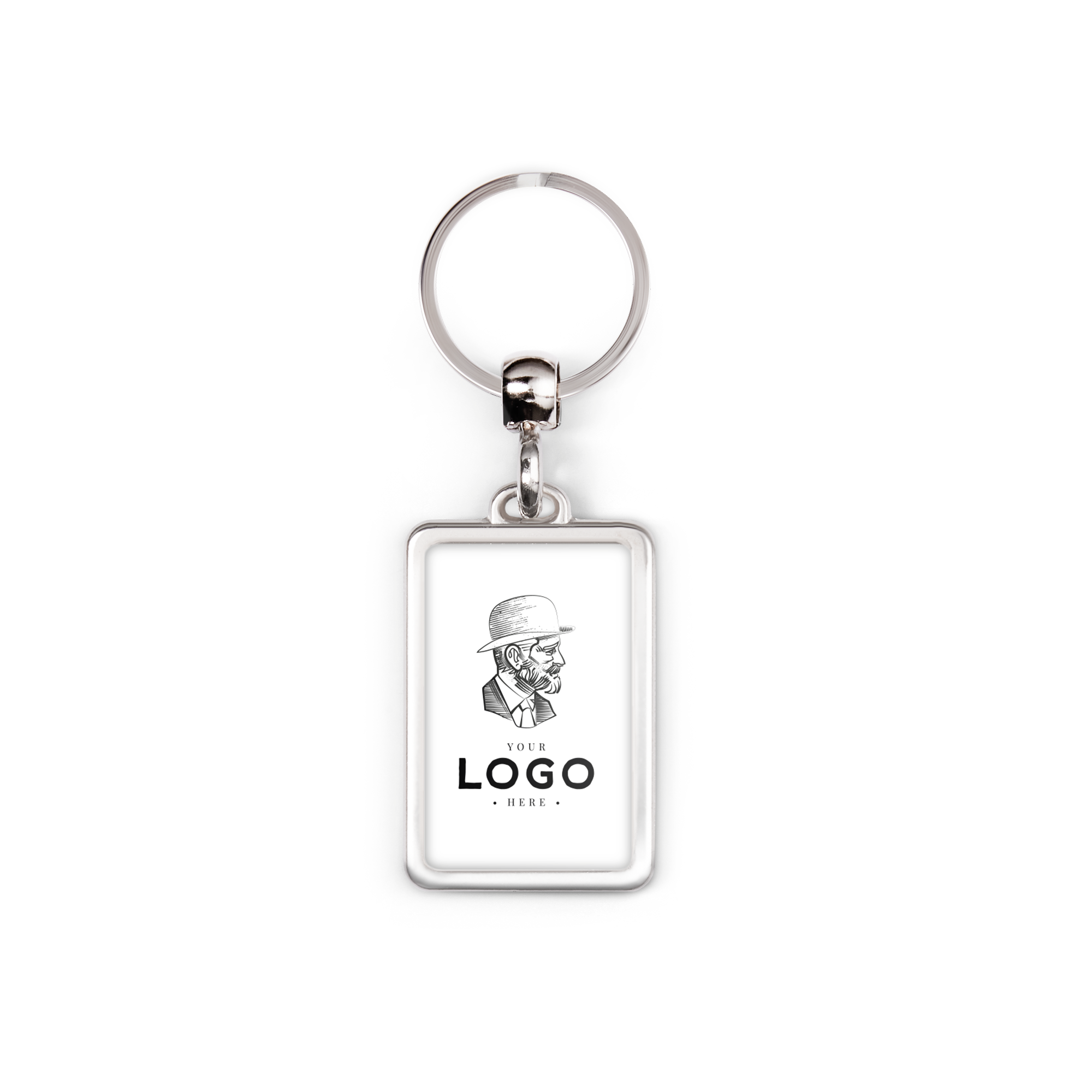 Chaveiro retangular de metal prateado com argola, impresso com um logotipo. Dê um keyring original com sua própria foto.