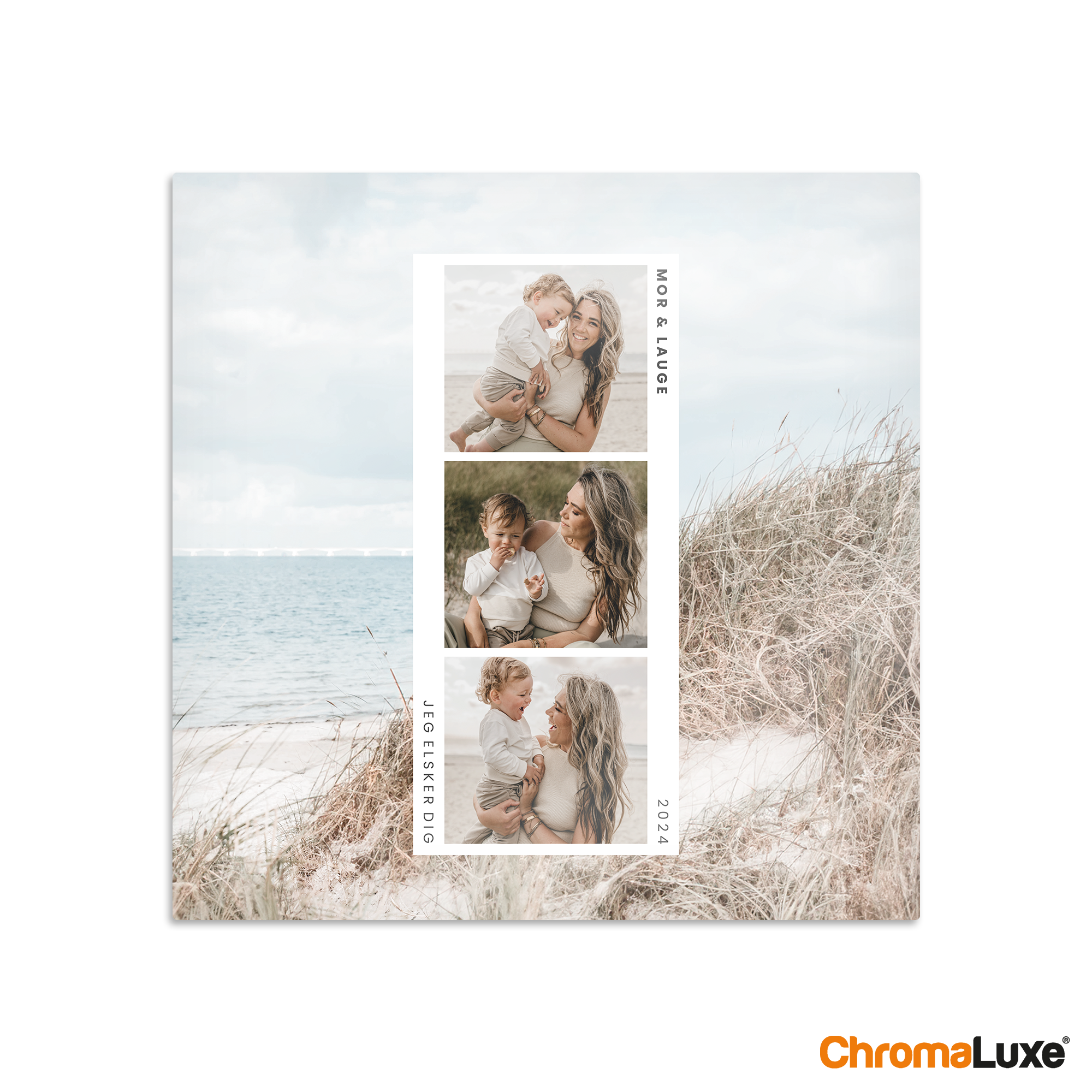 Chromaluxe aluminium fotoprint med 3 billeder af en mor og barn. Teksten Mor & Lauge, Jeg Elsker Dig, 2024 er printet på.