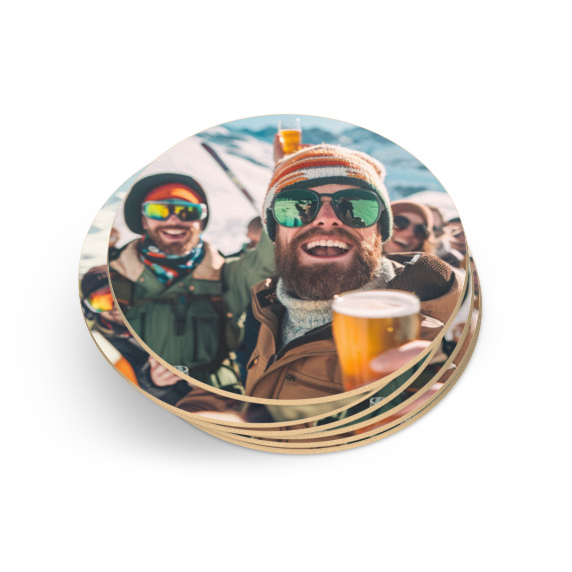 Posavasos de cerveza personalizados con foto de un hombre sonriendo y un vaso de cerveza, impreso con tu diseño.