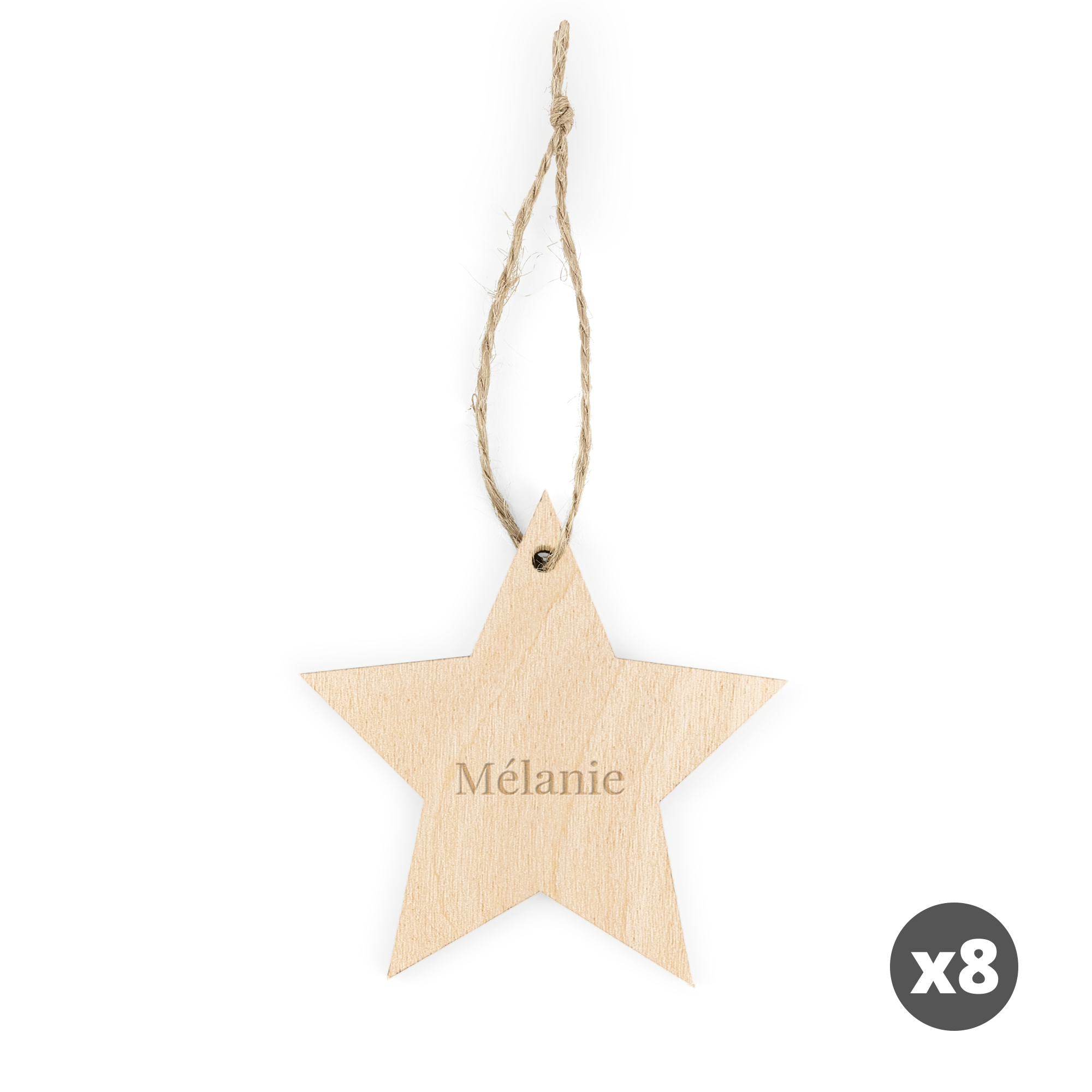 Accroche de Noël en bois clair en forme d'étoile avec le prénom Mélanie gravé