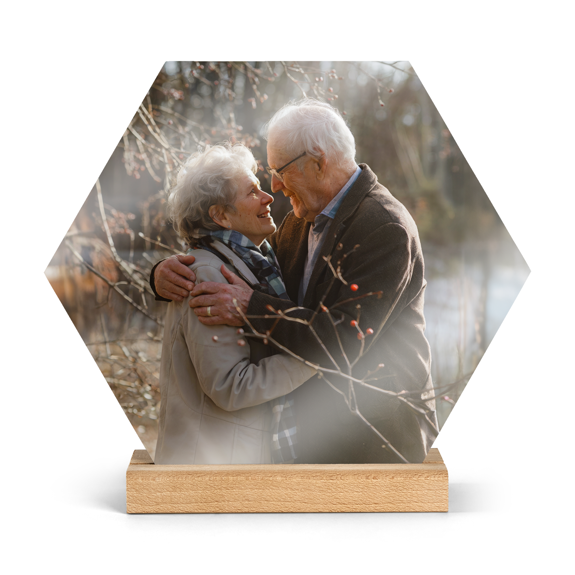 Printed Wooden Photo Tile with Stand - Hexagon with a custom photo of an older couple embracing.