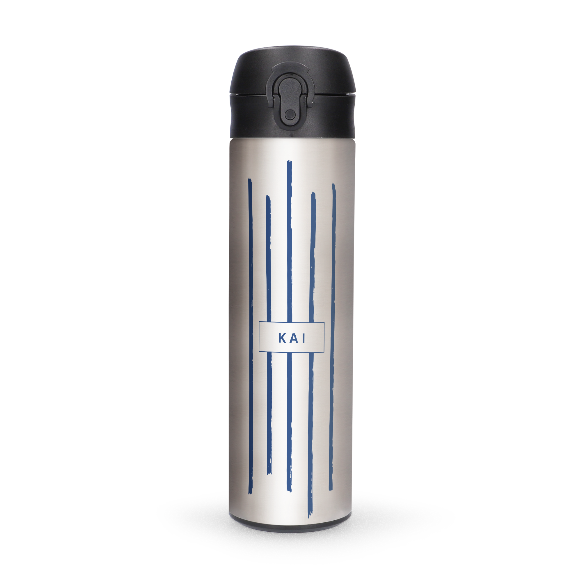 Metal water bottle with a name printed on a white label over blue brushstrokes, keeping you stylish while on the go.