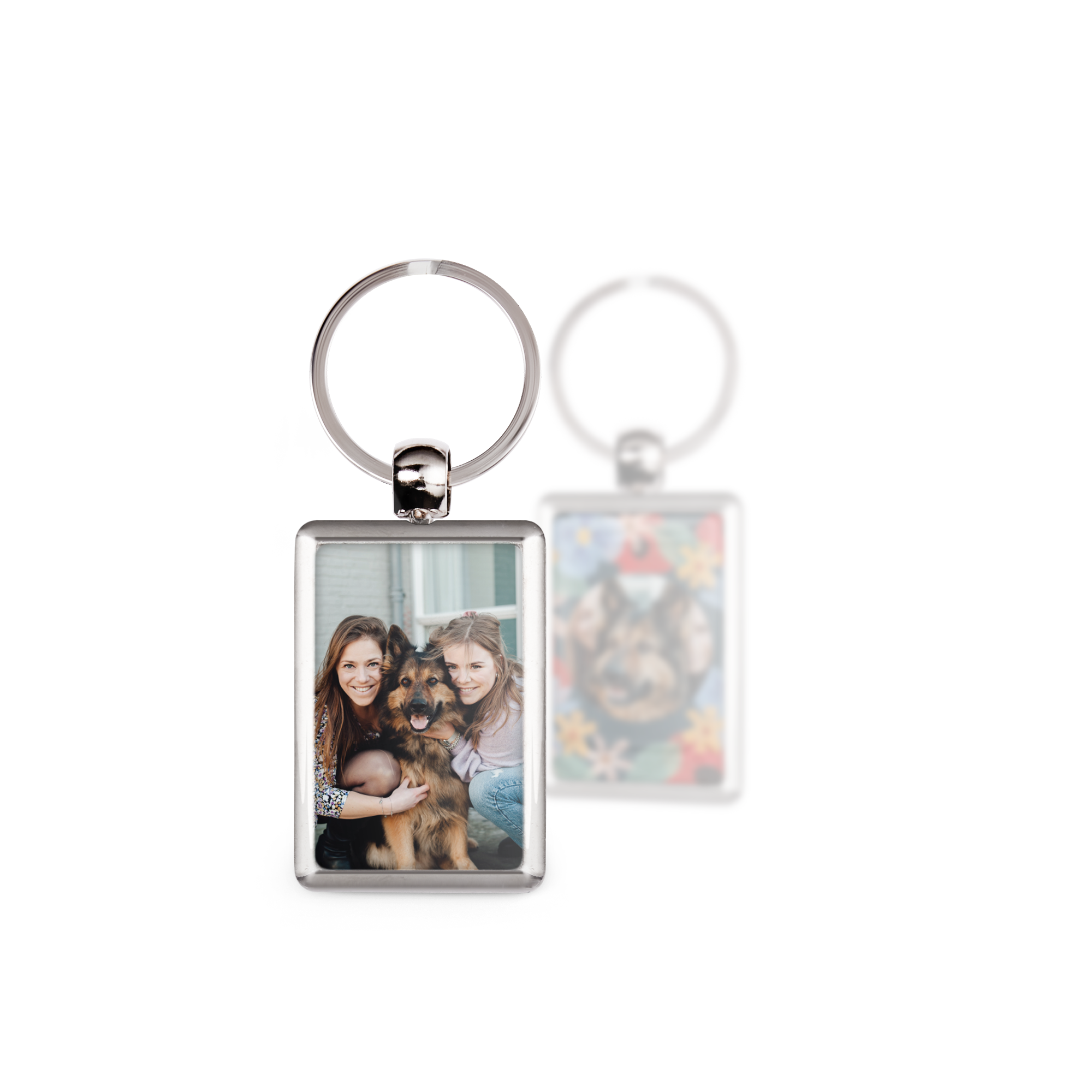 Porta-chaves retangular prateado com foto de mulher e menina, personaliza o teu porta-chaves com impressão, frente e verso.