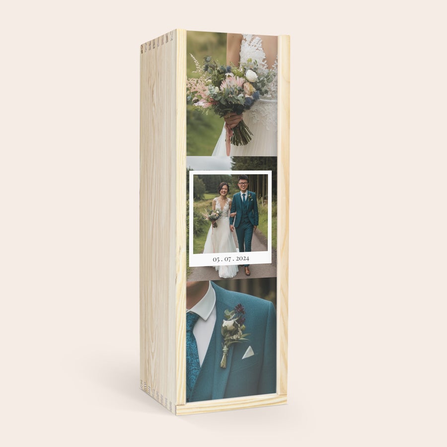Personalised Wooden Gift Box Personalised wooden case printed with wedding photos and the date 05.07.2024