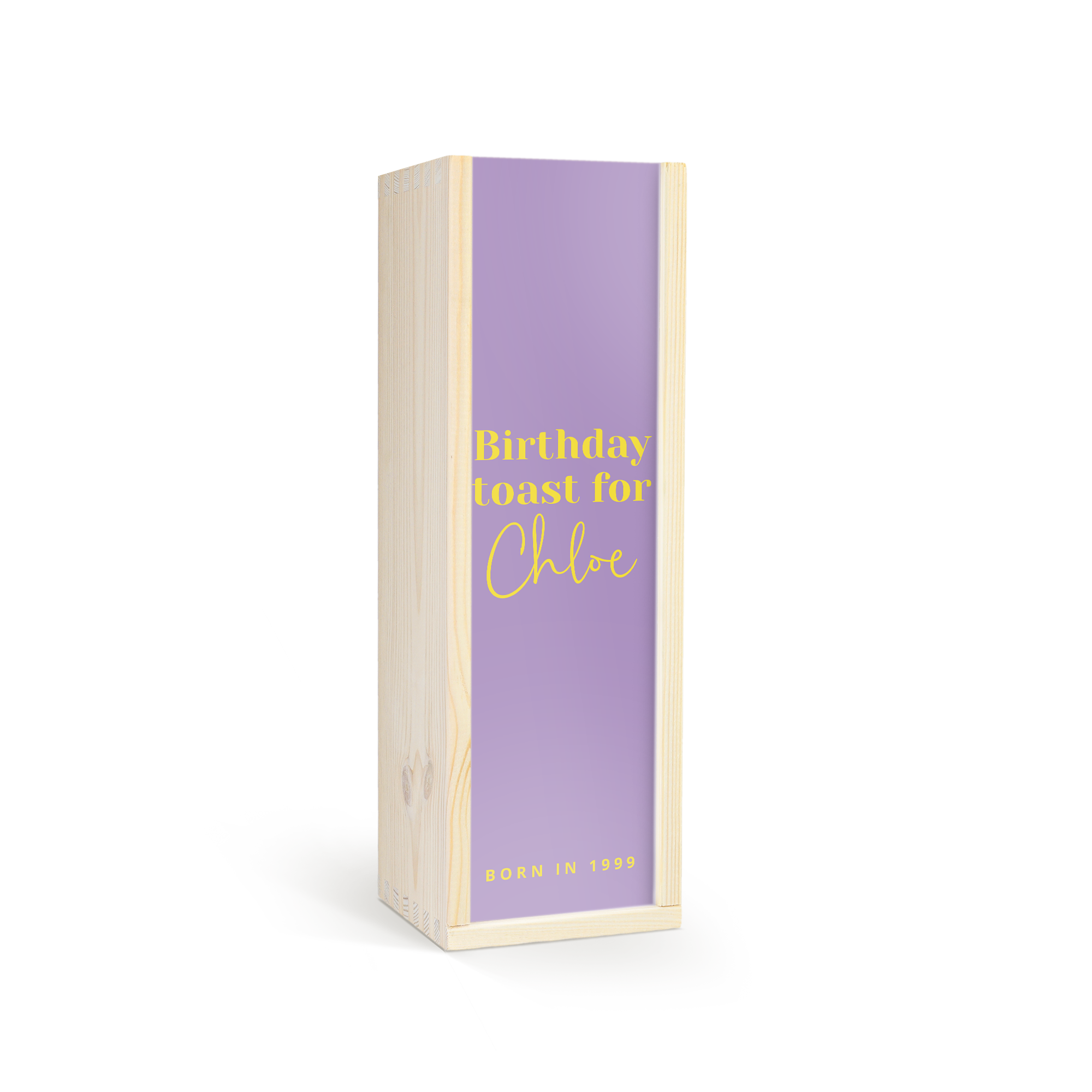 Confezione in legno personalizzata con coperchio viola e testo giallo Birthday toast for Chloe Born in 1999 per sorprendere chi vuoi