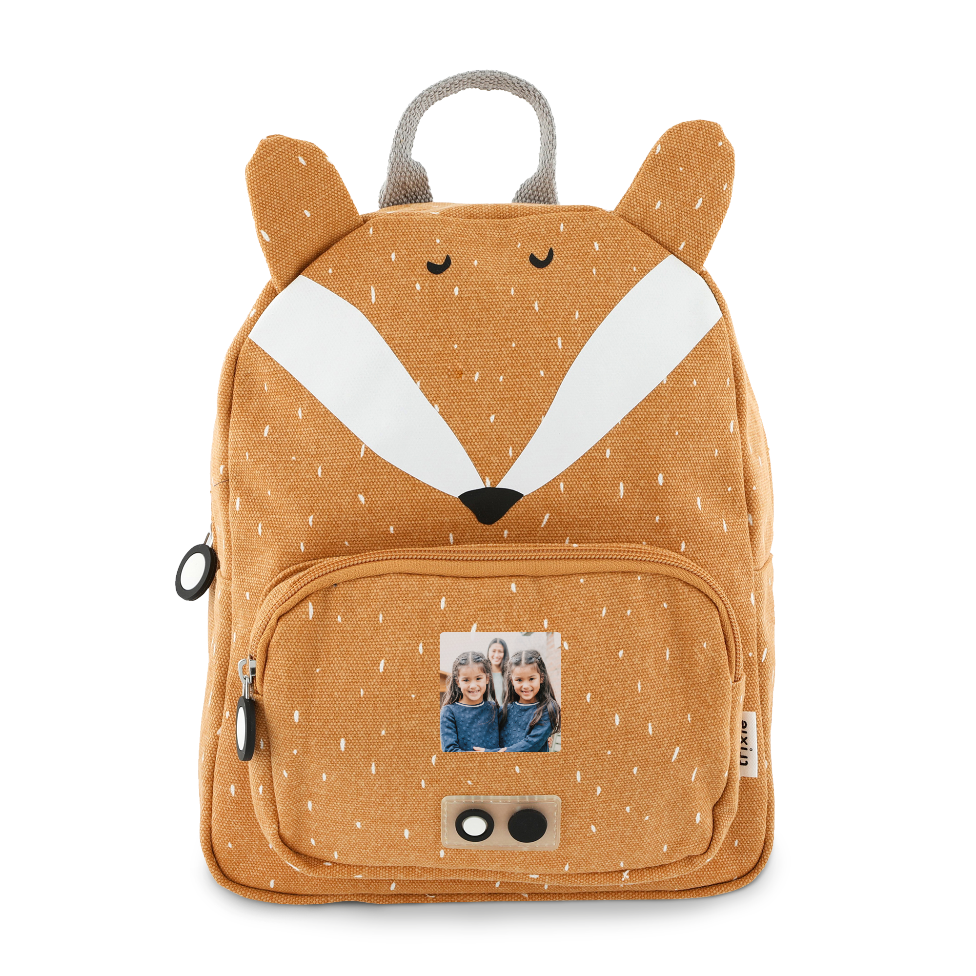 Rucsac personalizat pentru copii cu design vulpe și nume imprimat cu fotografia a două fetițe pe buzunarul frontal