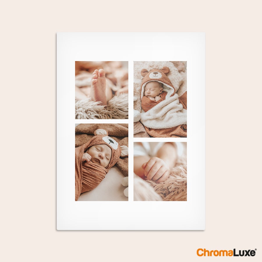 Foto auf Alu Fototafel mit vier Fotos eines Babys bedruckt, ein individuelles Fotogeschenk