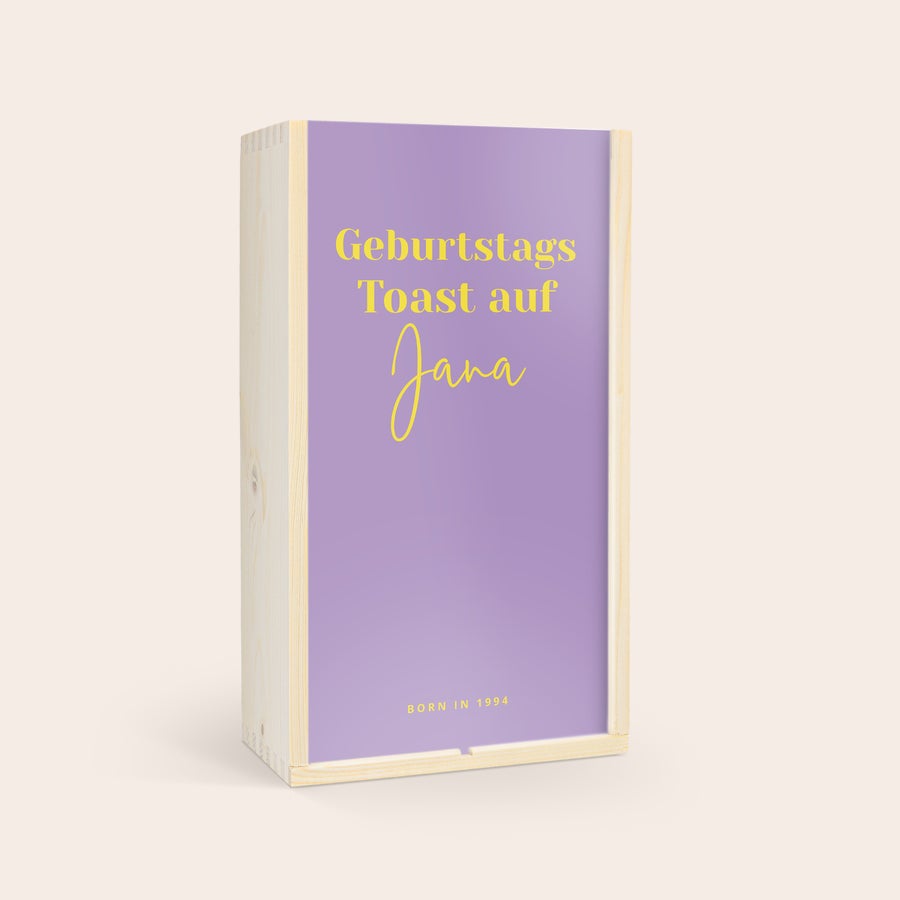 Weinkiste personalisiert Weinkiste mit Foto für 2 Flaschen, lila Deckel bedruckt mit "Geburtstags Toast auf Jana Born in 1994"