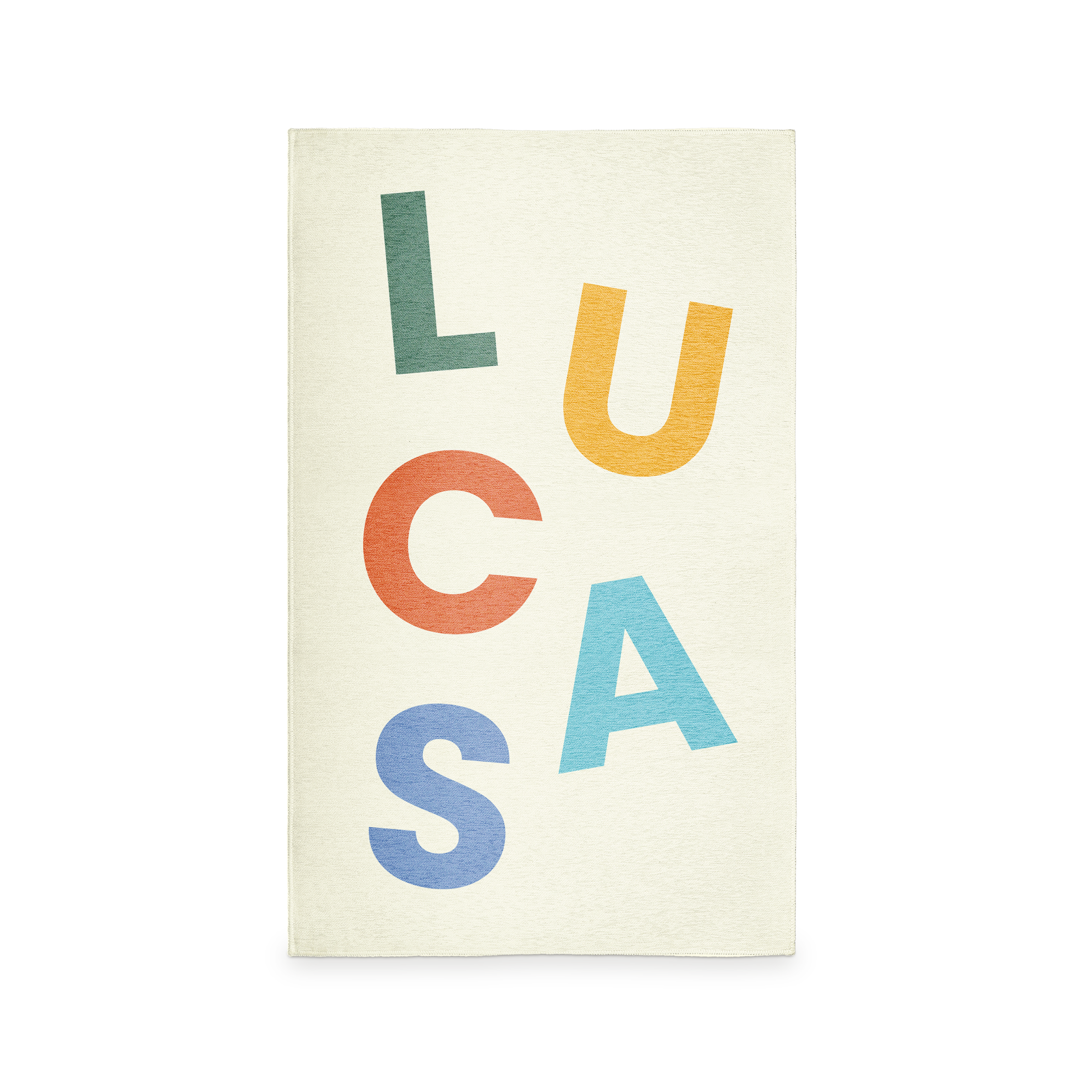 Gepersonaliseerd speelkleed met de all-over geprinte naam Lucas in verschillende kleuren