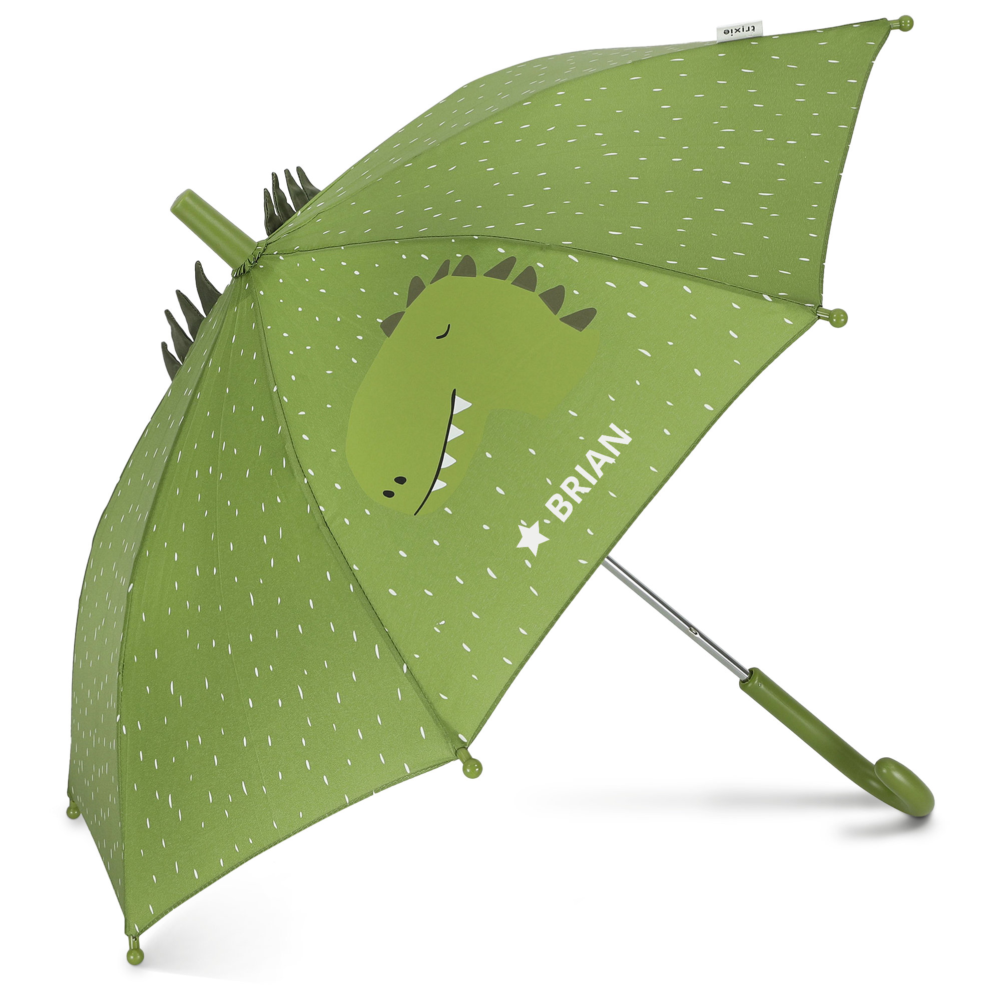 Groene Trixie kinderparaplu met dinoprint en naam Brian, gepersonaliseerd met tekst