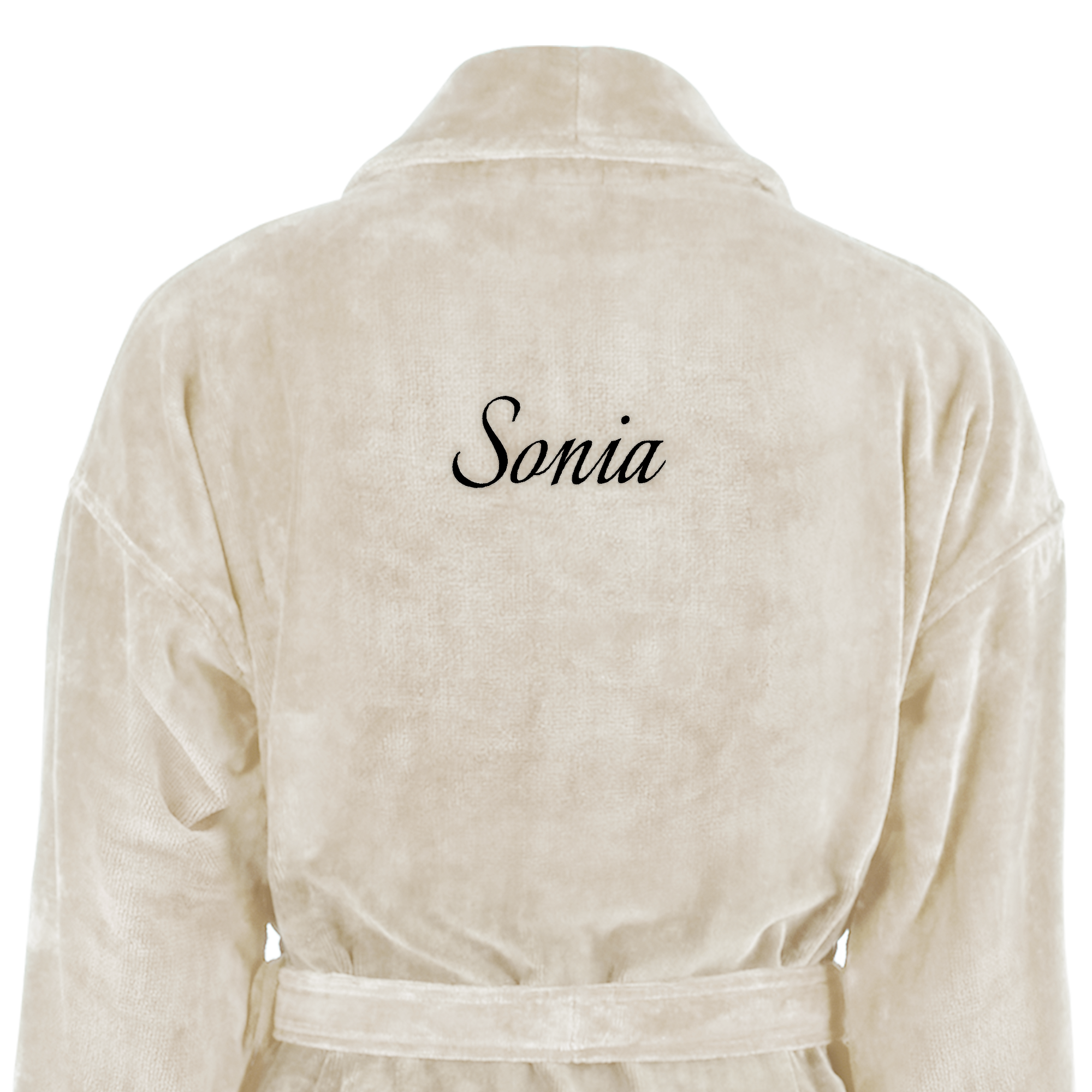 Peignoir de bain personnalisé crème avec nom Sonia brodé en noir dans le dos pour une surprise luxueuse