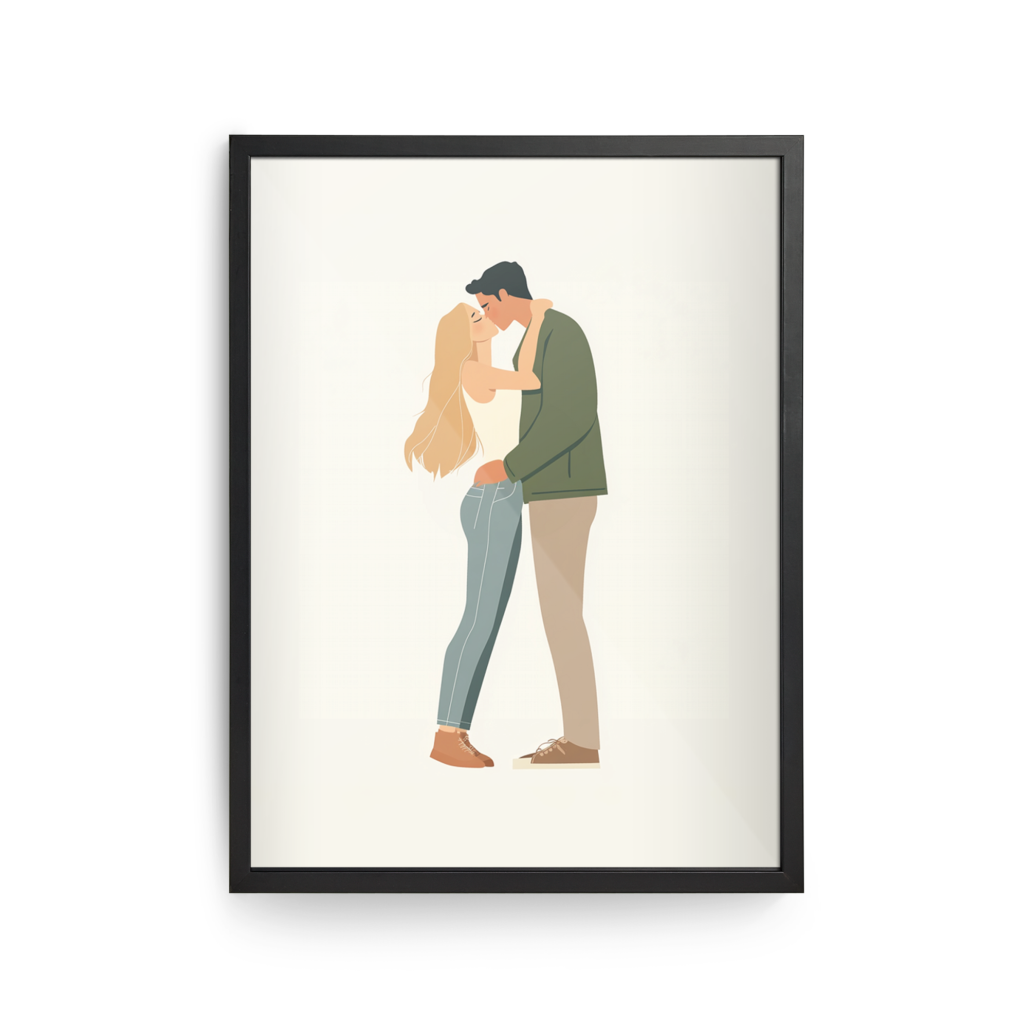 Póster personalizado con un dibujo de pareja besándose, impreso con tu foto favorita en un marco de madera.