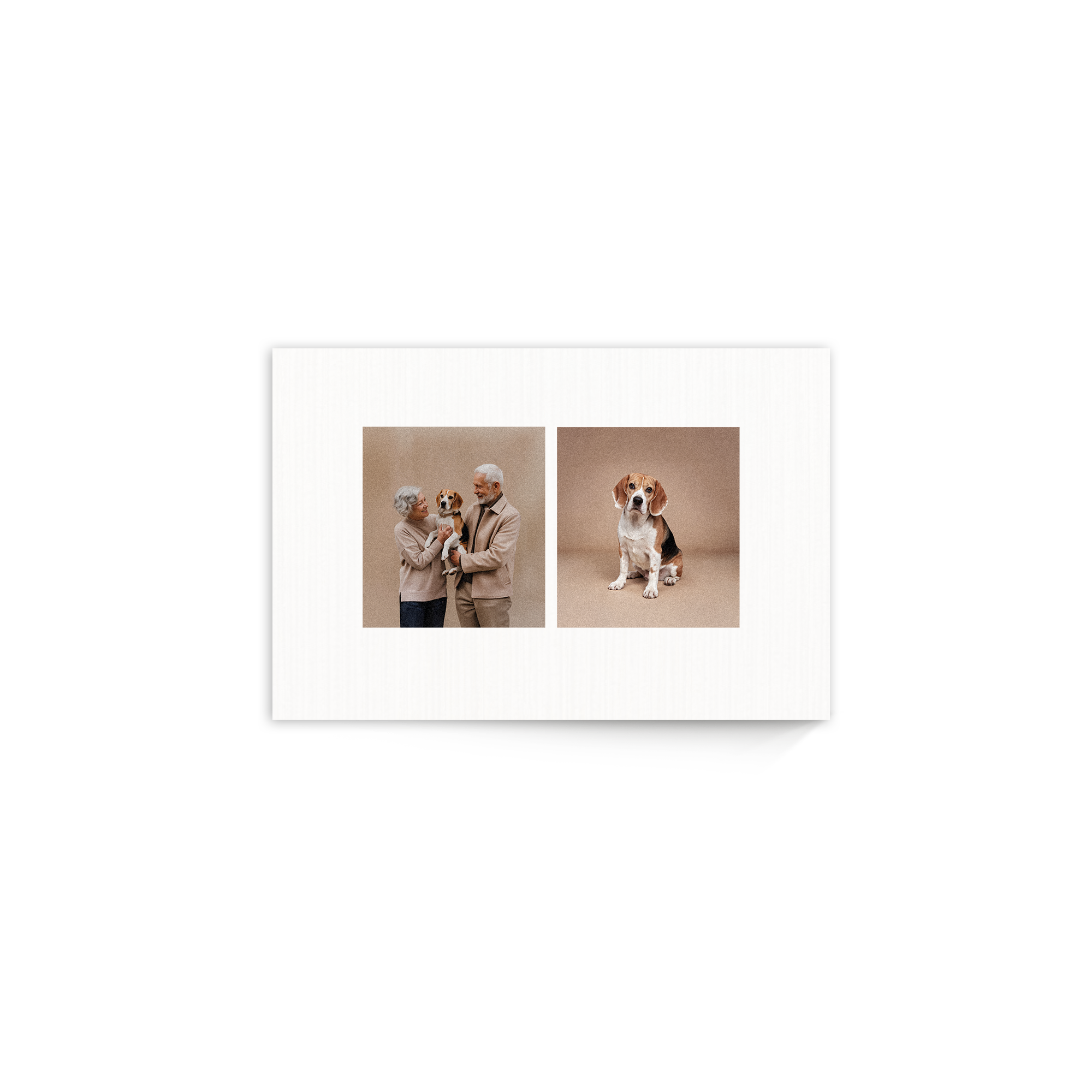 Personalized whitewash wooden panel with two printed photos, one of a couple holding a dog and another of a dog sitting alone.