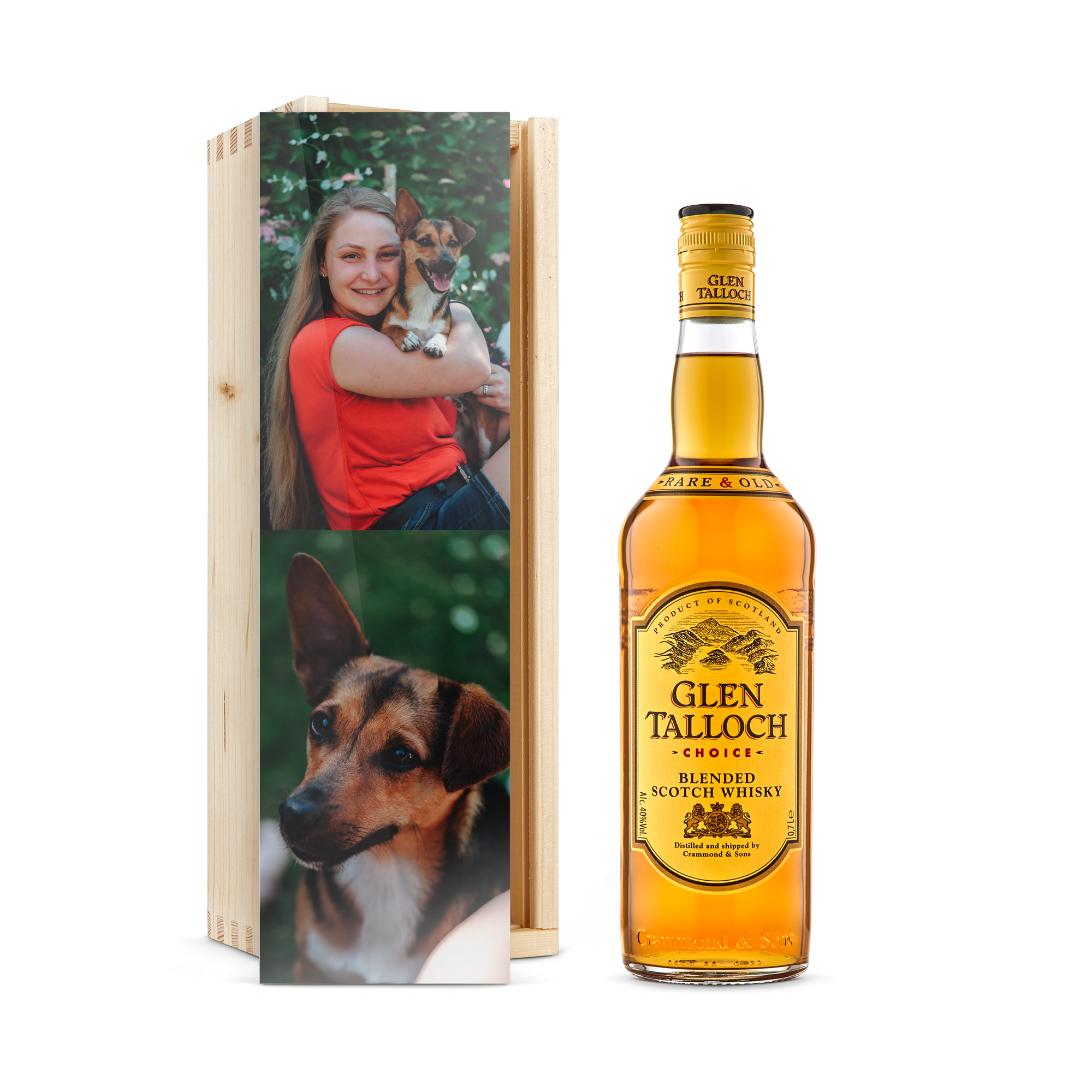 Bottiglia di whisky Glen Talloch in custodia di legno personalizzata con foto di una ragazza e un cane