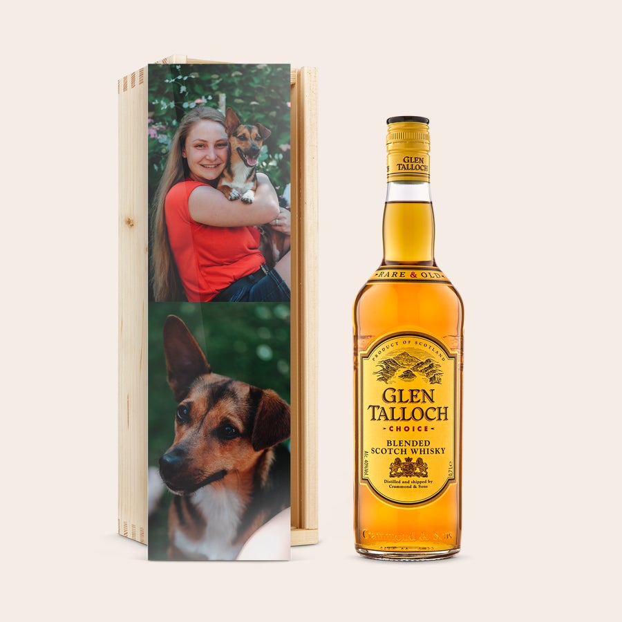 Whisky Glen Talloch - Confezione Personalizzata Bottiglia di whisky Glen Talloch in custodia di legno personalizzata con foto di una ragazza e un cane