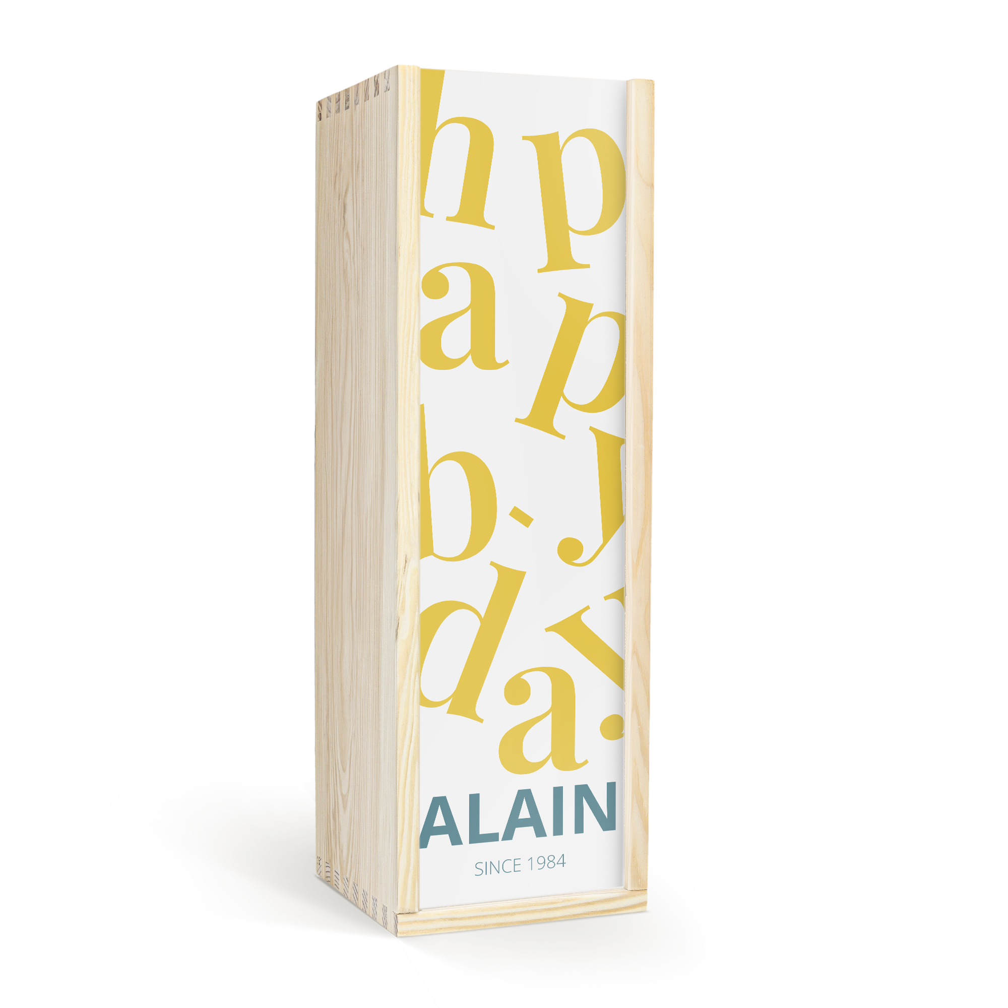 Offrez un savoureux porto personnalisé en coffret en bois avec le nom Alain et la date Depuis 1984, imprimé avec un motif Happy Birthday jaune