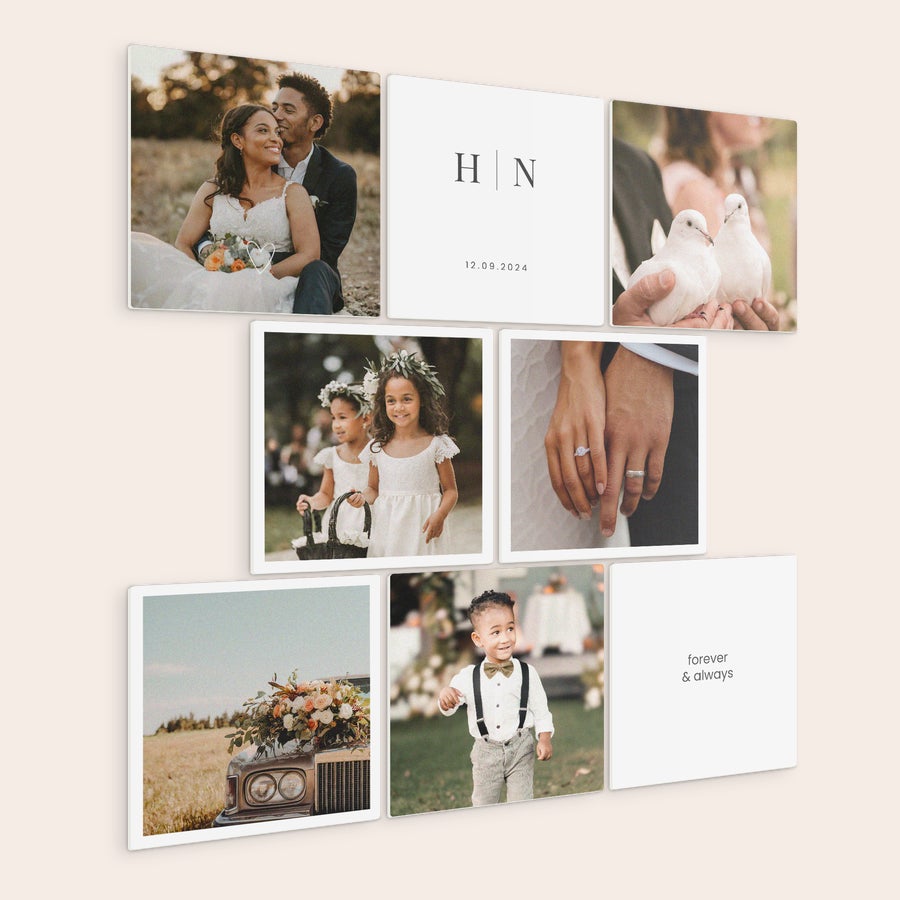 Foto wandpanelen Een collage van negen forex fototegels met trouwfoto's en witte tegels met initialen, datum en de tekst forever & always om een herinnering aan de muur te hangen.
