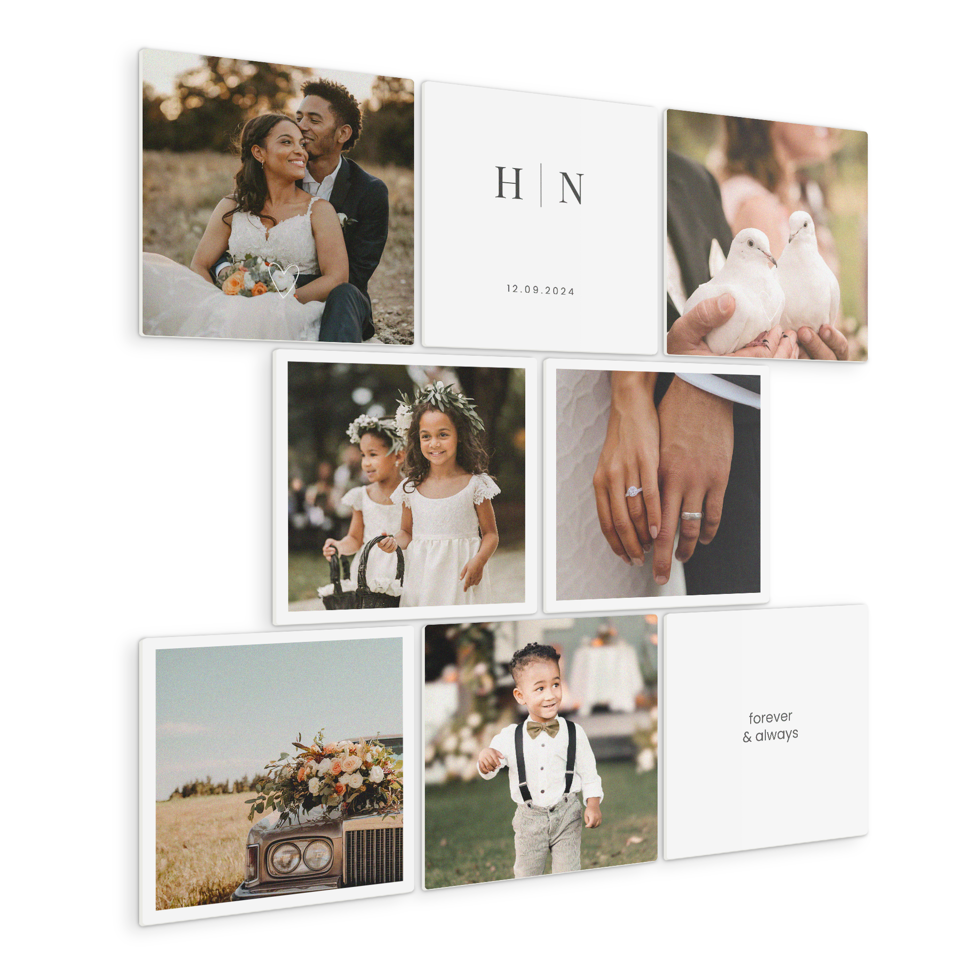 Forex-Wandkunst-Set mit neun Fotopaneelen, bedruckt mit Hochzeitsfotos und personalisiertem Text wie "H N 12.09.2024" und "forever & always"