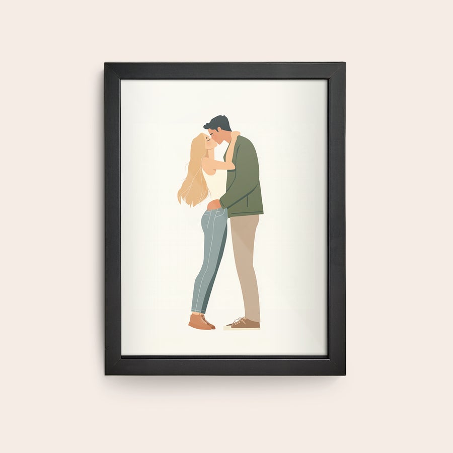 Foto Stampata con Cornice Stampa fotografica personalizzata con illustrazione di due persone che si baciano incorniciata in legno laccato nero