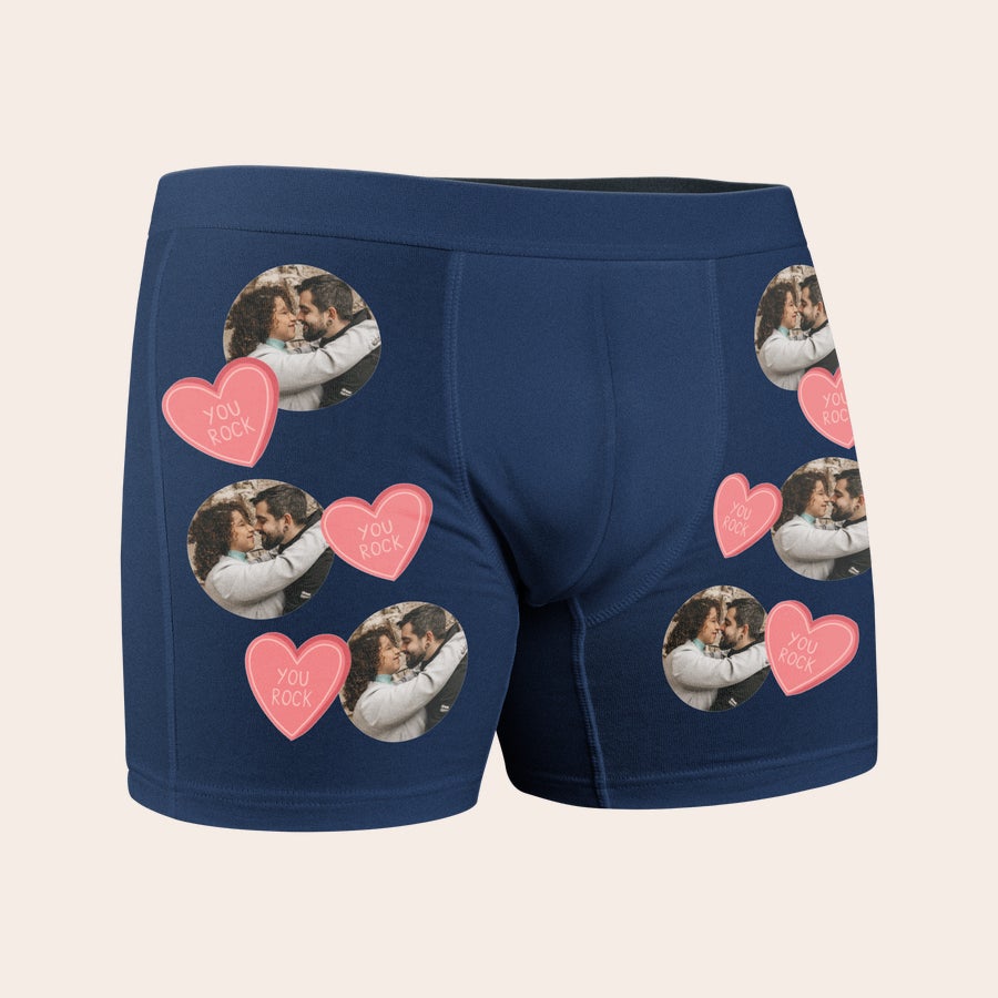 Personalised boxer shorts Navy blue personalised boxer shorts flock printed with multiple photos of a couple and pink You Rock hearts