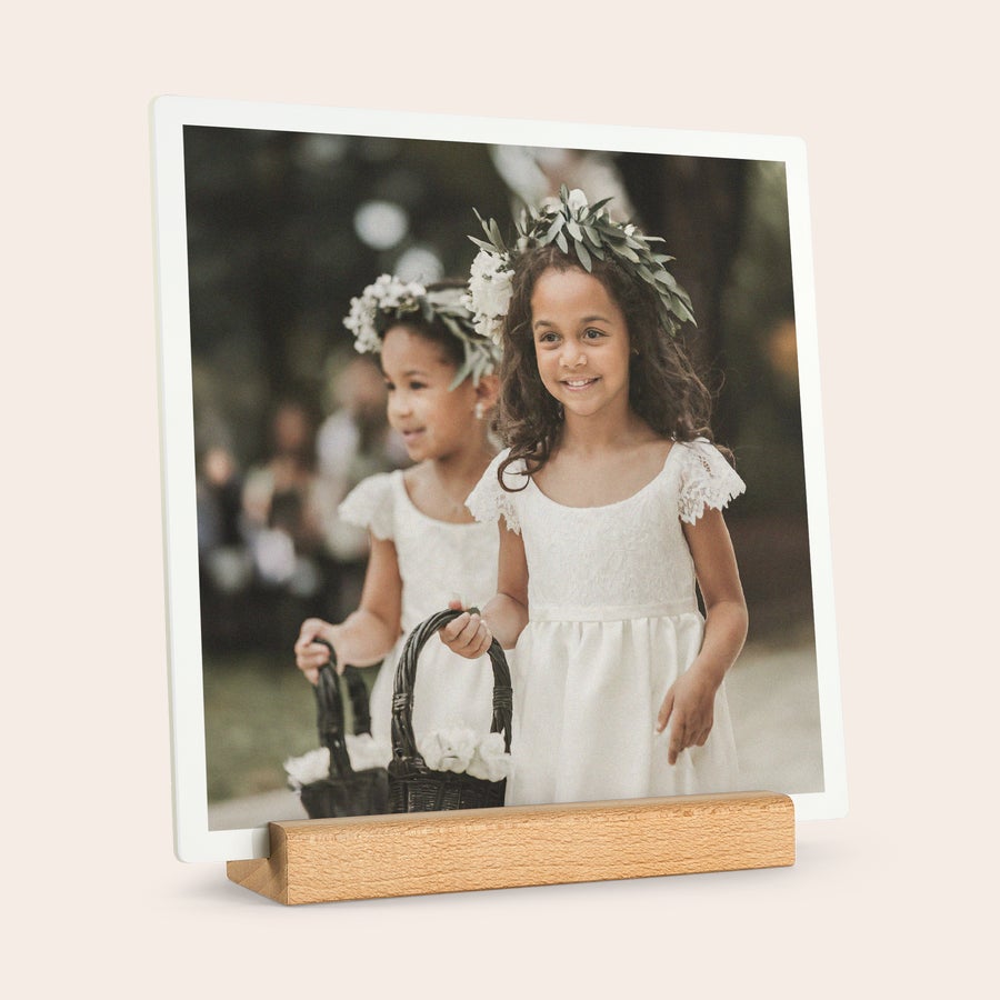 Wooden Photo Tile A square Forex Photo Tile with a custom photo of two flower girls on a wooden stand