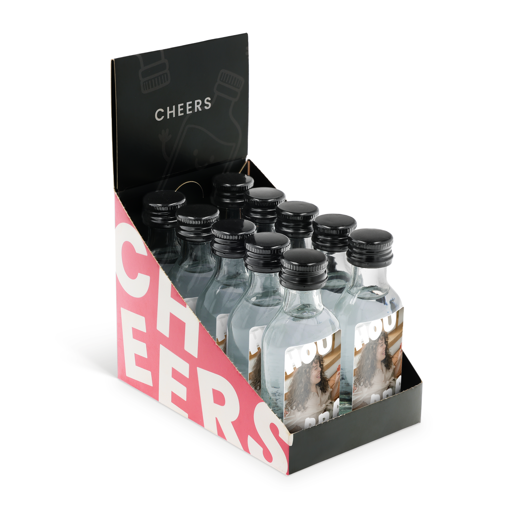 Mini bouteilles de vodka personnalisées avec une photo imprimée sur l'étiquette. Créez une collection unique de Mini Vodka.