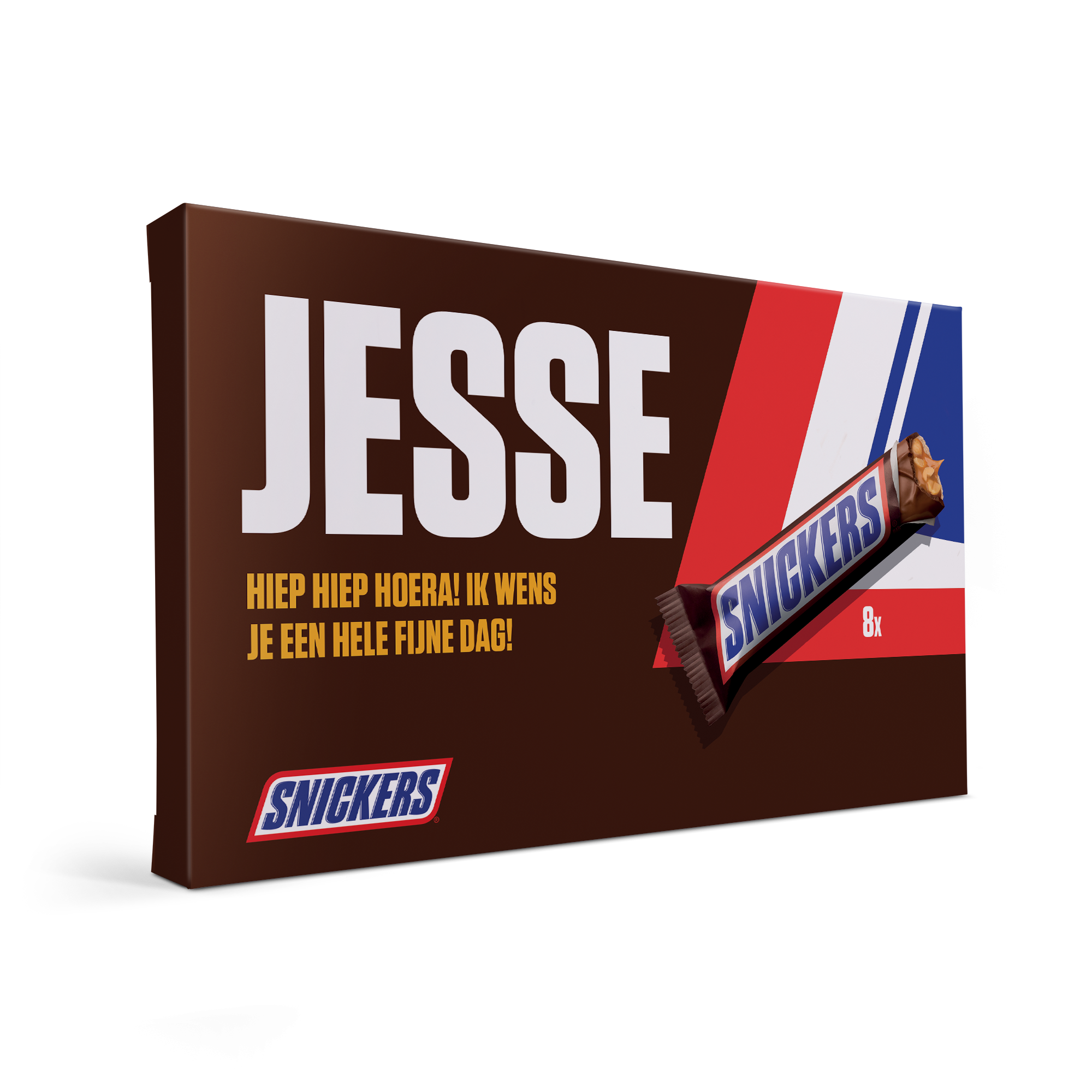 Snickers Bar Giftbox met naam Jesse en de tekst Hiep hiep hoera ik wens je een hele fijne dag, met 8 Snickers repen