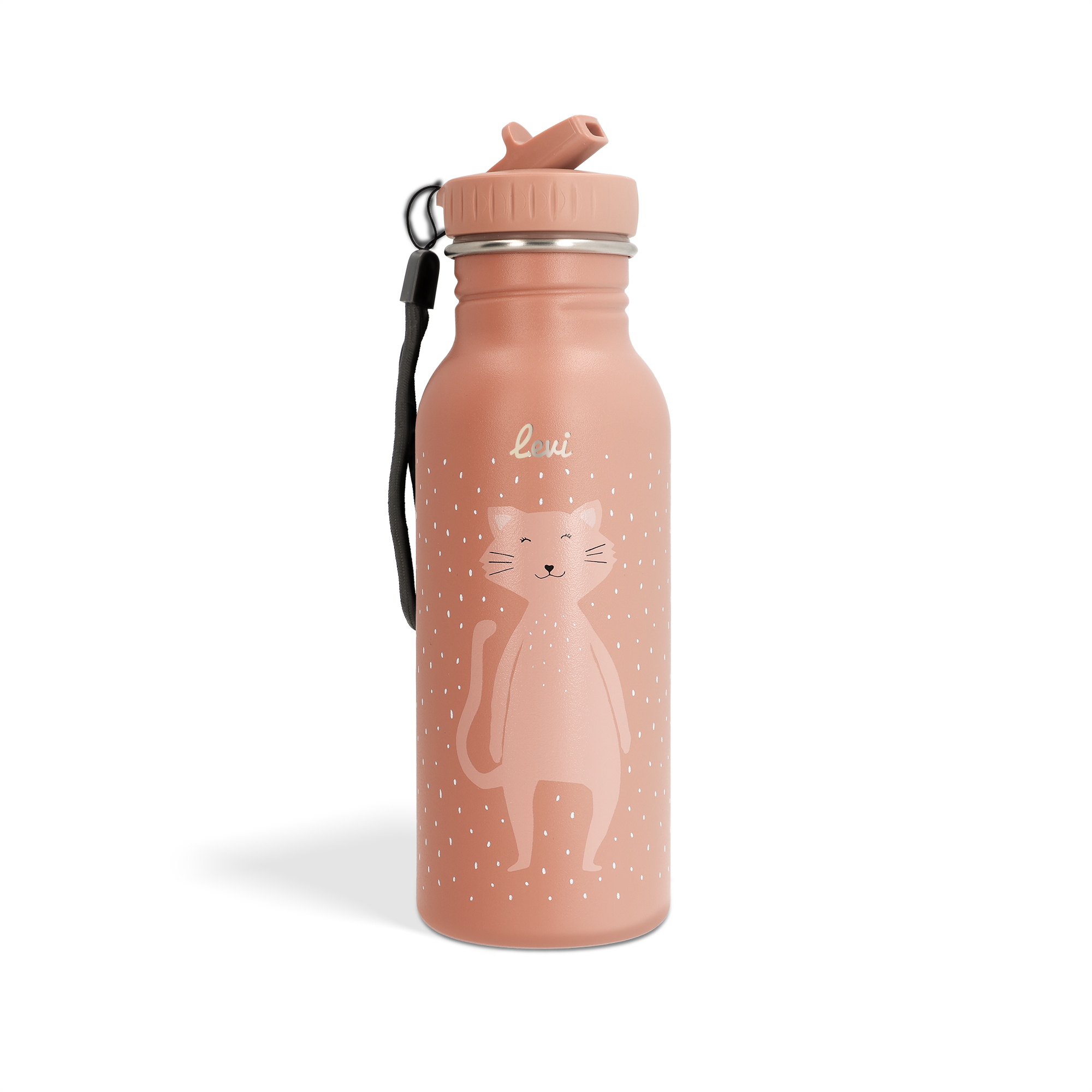 Pink Trixie animal water bottle with a cat design and the name Levi engraved