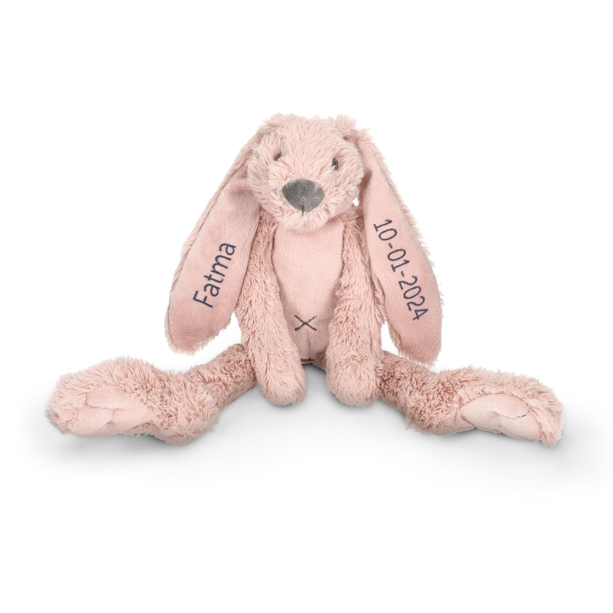Doudou lapin rose pâle personnalisé Fatma et 10-01-2024 brodés sur les oreilles