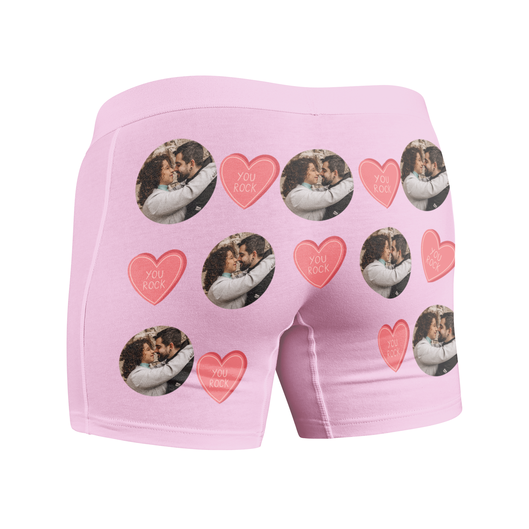 Lyserøde boxershorts med dit eget foto og "YOU ROCK" hjerter. Hvem vil du overraske med disse unikke boxershorts med foto?