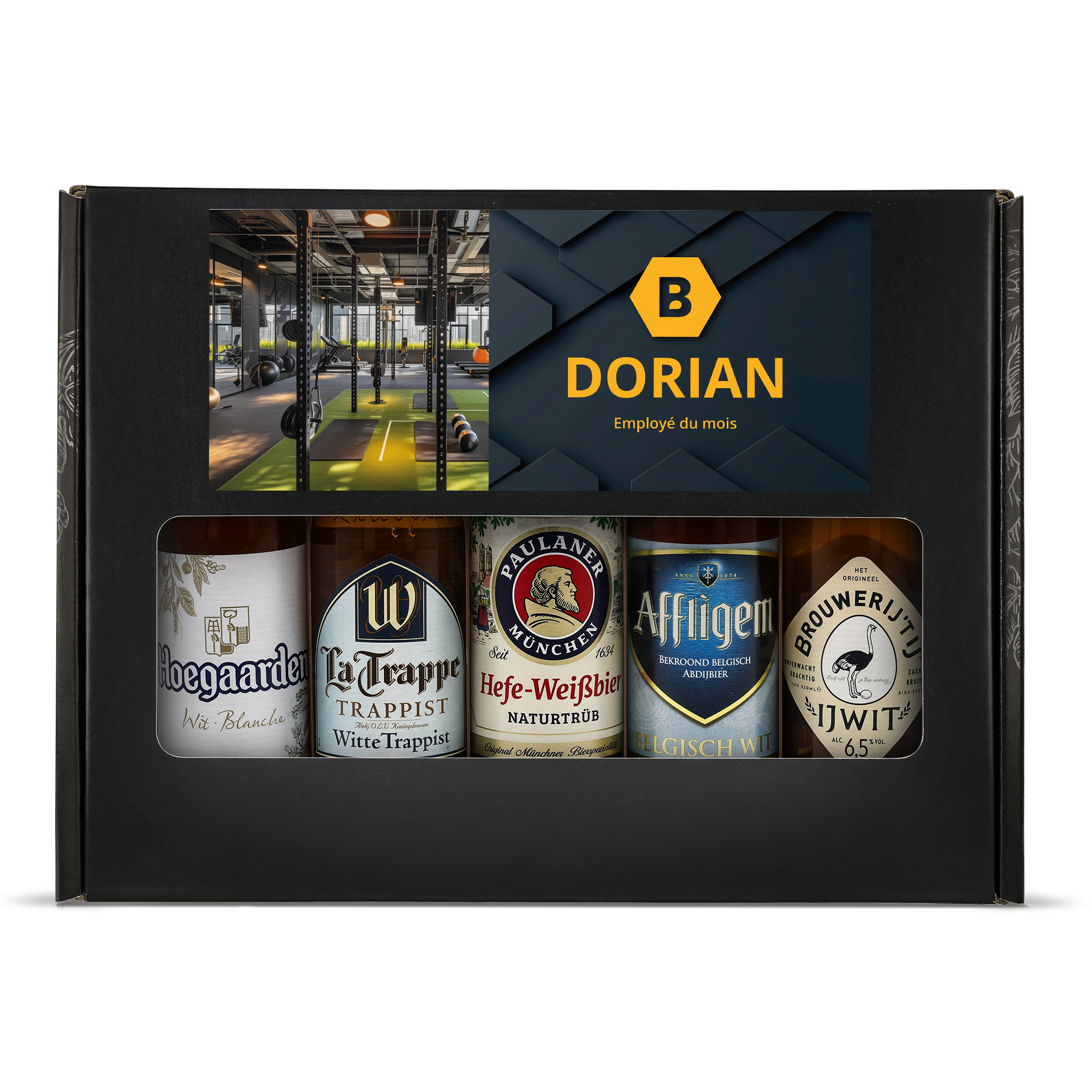 Coffret à bière personnalisé - Weizen avec message Employé du mois Dorian et photo de salle de sport