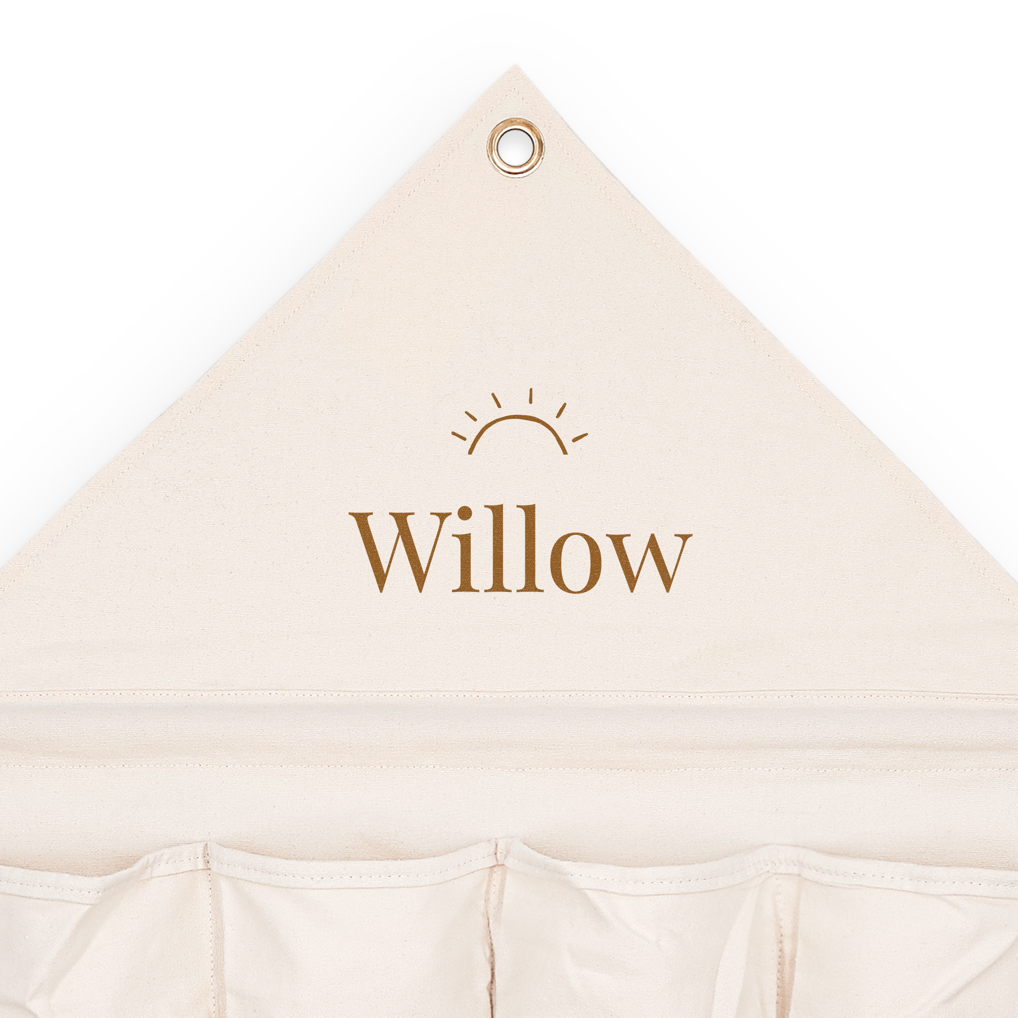 Organizador de bolsillo de tela personalizado color crema con el nombre "Willow" impreso, sistema de suspensión y ojal metálico.