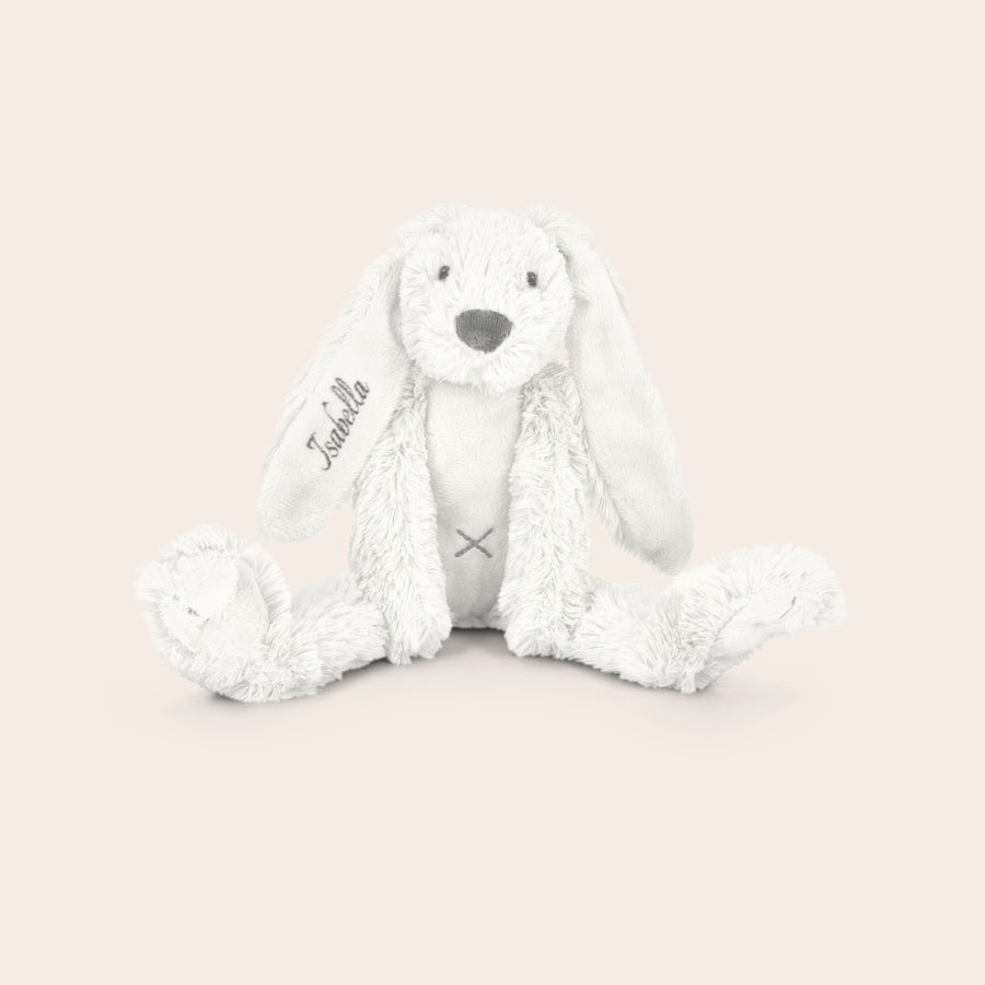 Personliga baby-tuttlen - Rabbit Richie Vitt personligt gosedjur Tiny Rabbit Richie med namnet Isabella broderat på högra örat