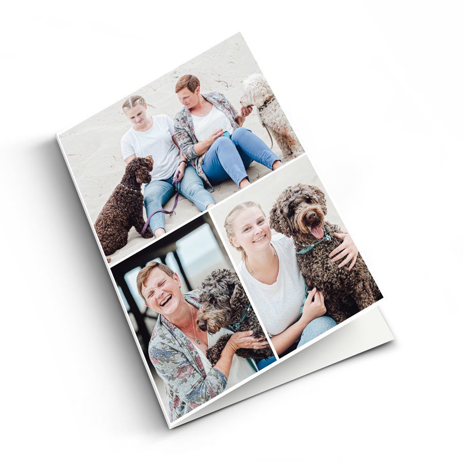 Cartão de aniversário com foto personalizado, impresso com colagem de fotos de uma família e seus cães