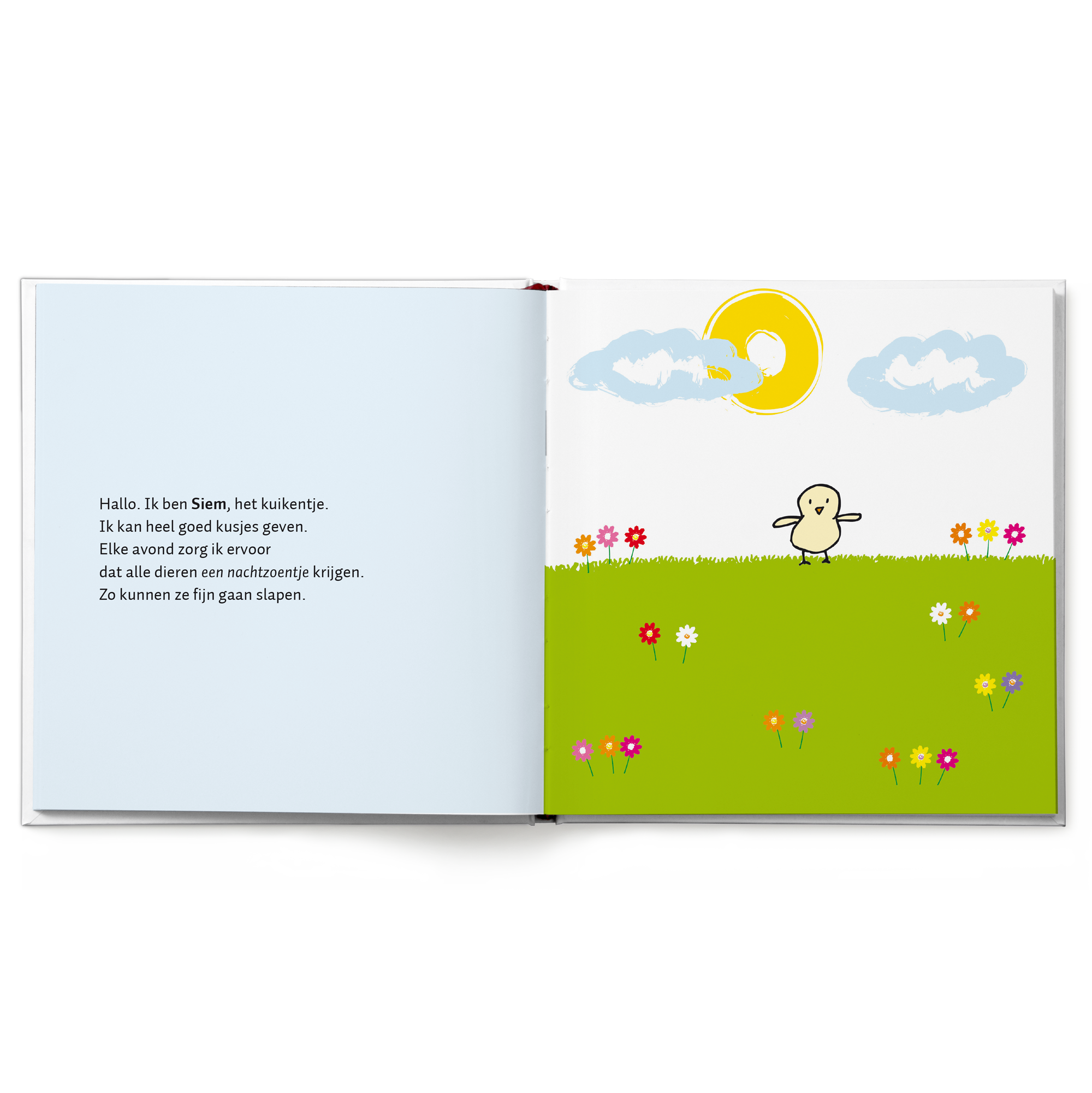 Geopend Welterusten! boekje met tekst “Hallo. Ik ben Siem, het kuikentje.” en illustratie van kuikentje op groen grasveld met zon en wolken.