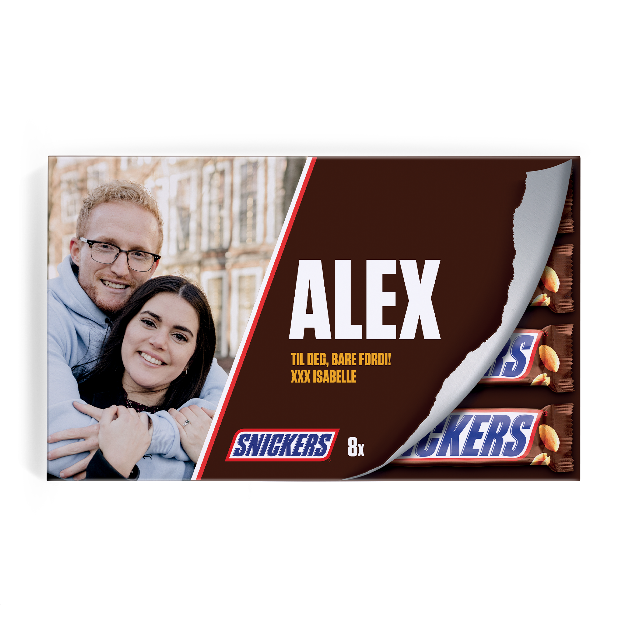 Personlig tilpasset Snickers gaveeske med trykt bilde, navn og meldingen Til deg, bare fordi! XXX Isabelle