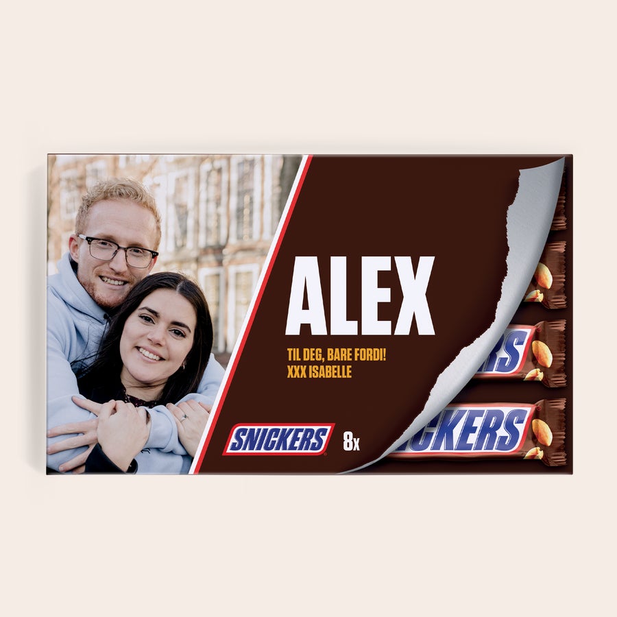 Personlig tilpasset Snickers gaveeske Personlig tilpasset Snickers gaveeske med trykt bilde, navn og meldingen Til deg, bare fordi! XXX Isabelle