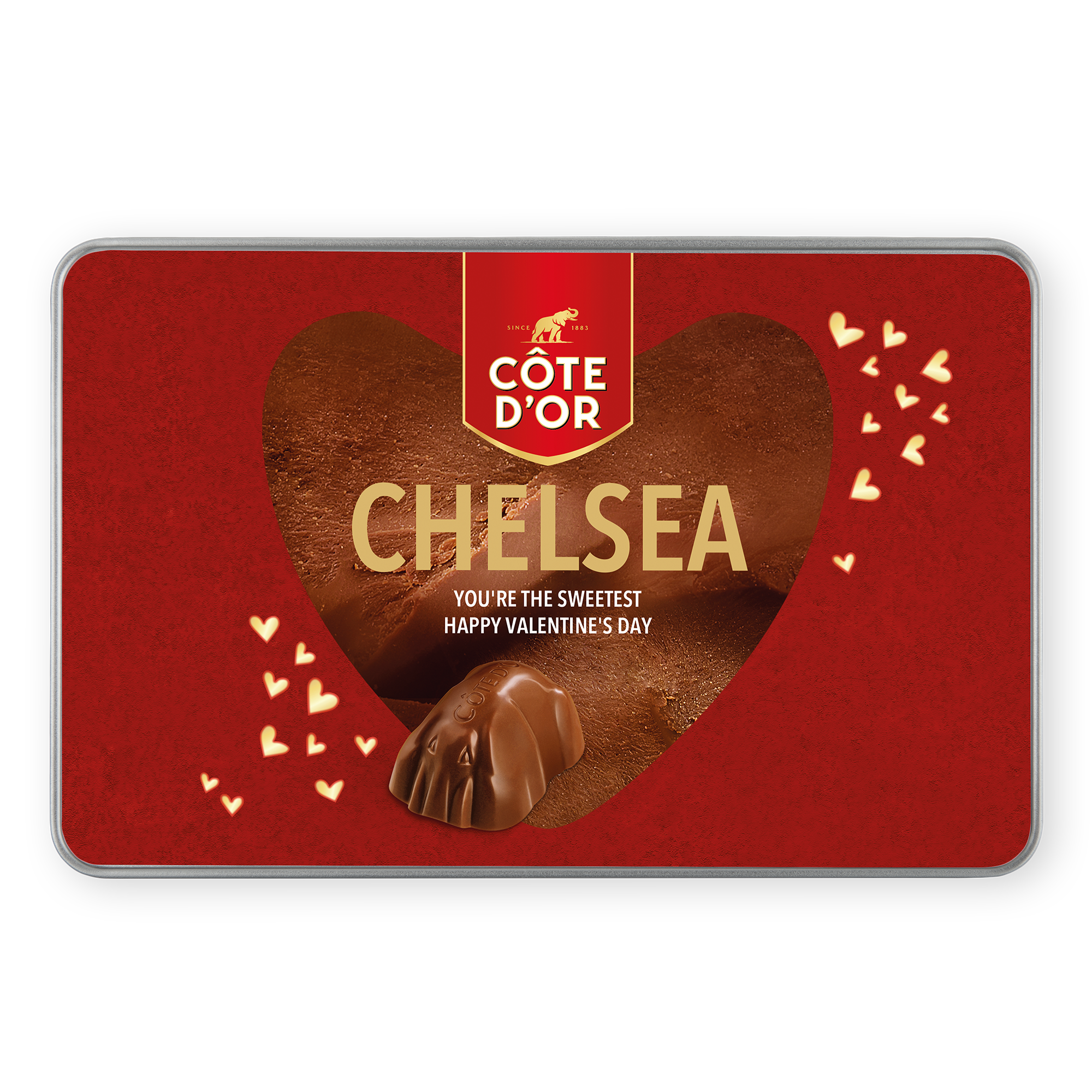 Personlig gaveæske med Côte d'Or Mini Bouchée chokolade, Chelsea, og teksten "You're the sweetest Happy Valentine's Day", printet med et hjerteformet design.
