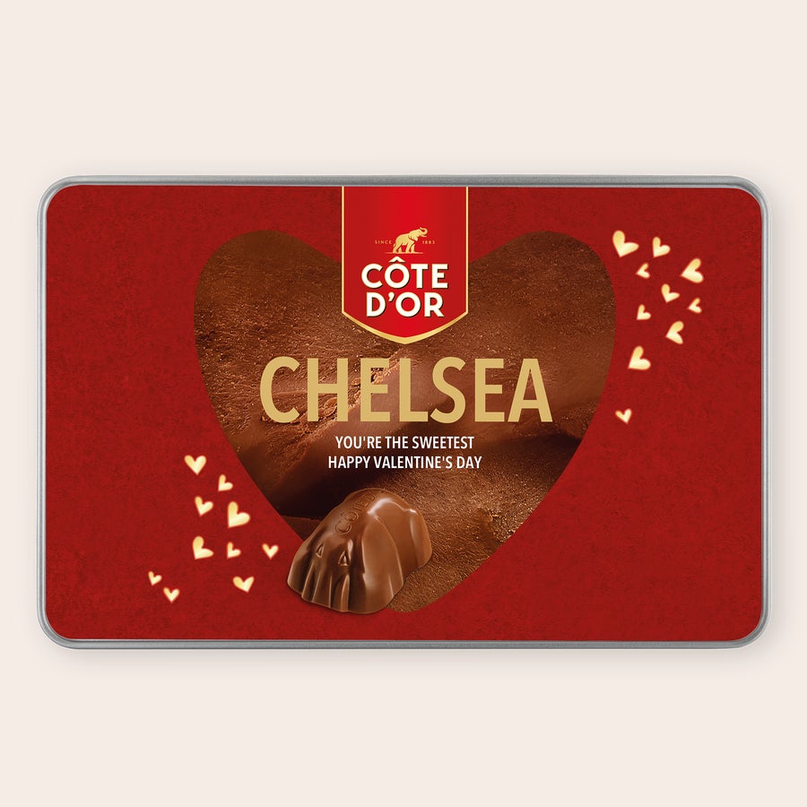 Scatola regalo personalizzata - Mini Bouchée alla Côte d'Or Scatola regalo personalizzata con cioccolato Côte d'Or Mini Bouchée stampata con cuore e il nome Chelsea