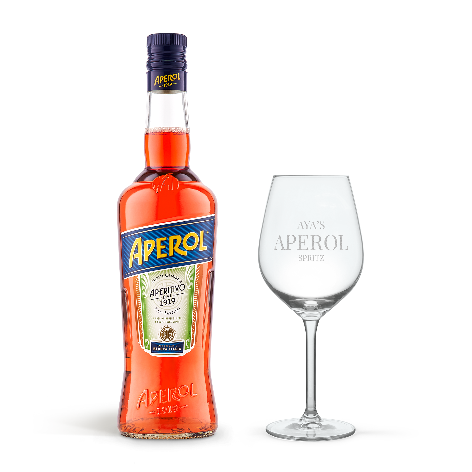 Personlig Aperol Spritz gaveæske med en flaske og et vinglas med teksten Ayas Aperol Spritz indgraveret