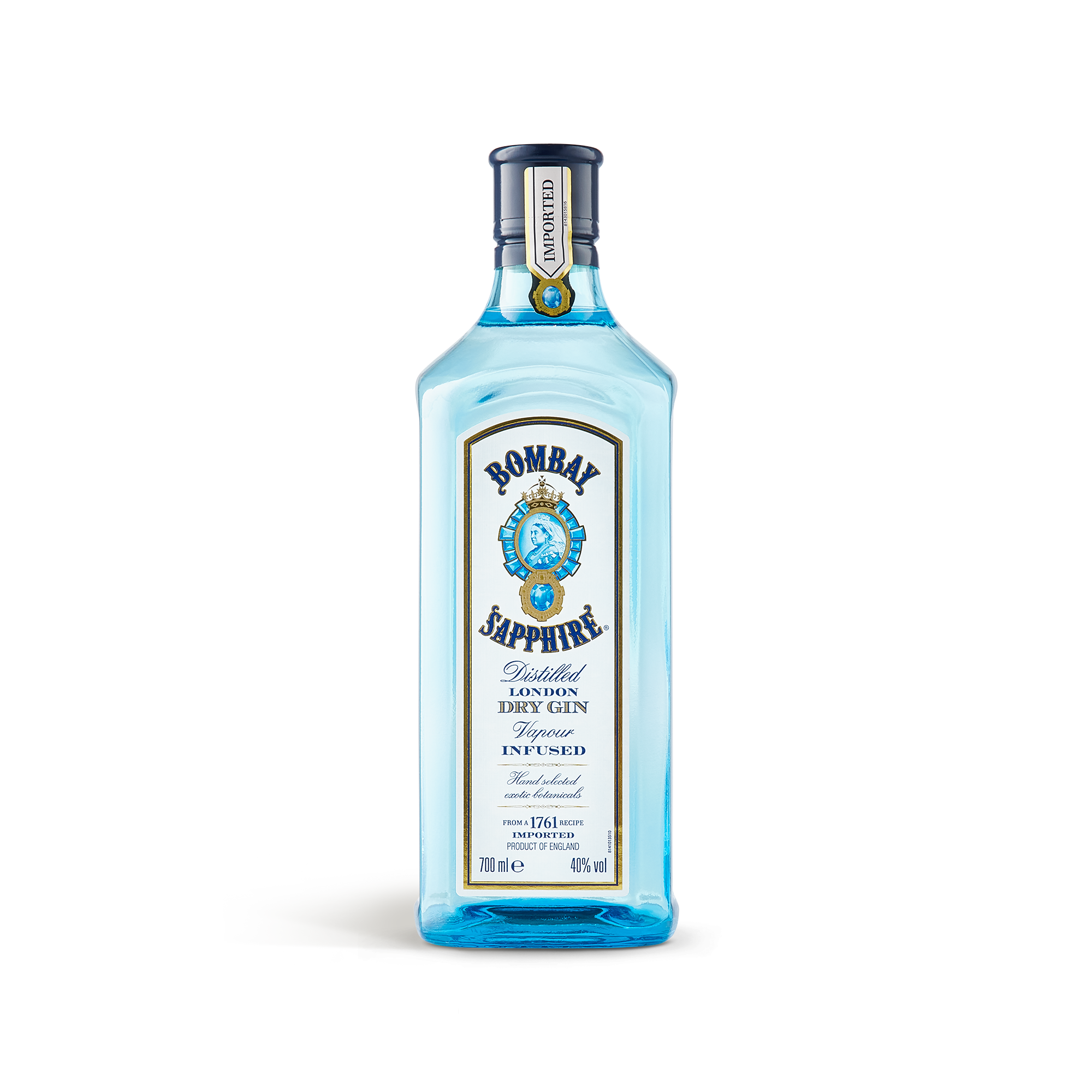 Flaska Bombay Sapphire Gin i klart glas, förpackad i ett personligt träfodral med eget tryckt meddelande, perfekt för en överraskning.