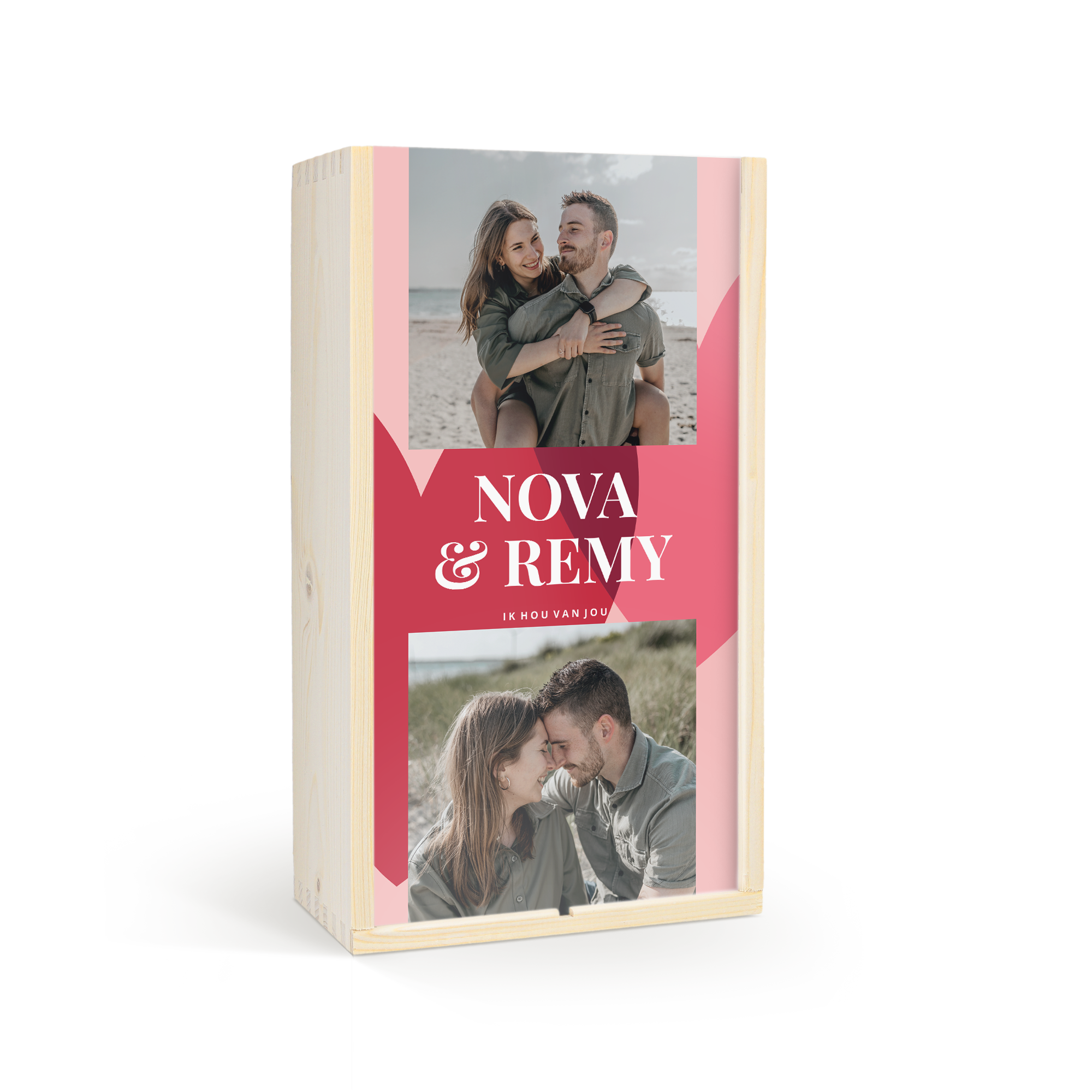 Luxe gin-tonic pakket in bedrukte kist met foto's en de namen 'Nova & Remy', en de tekst 'Ik hou van jou'.