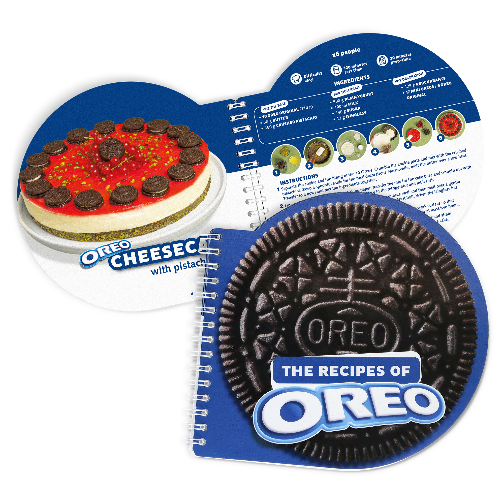Oreo-leivontakirja, jossa reseptit, kuvat ja ohjeet pähkinäiseen Oreo-juustokakkuun.