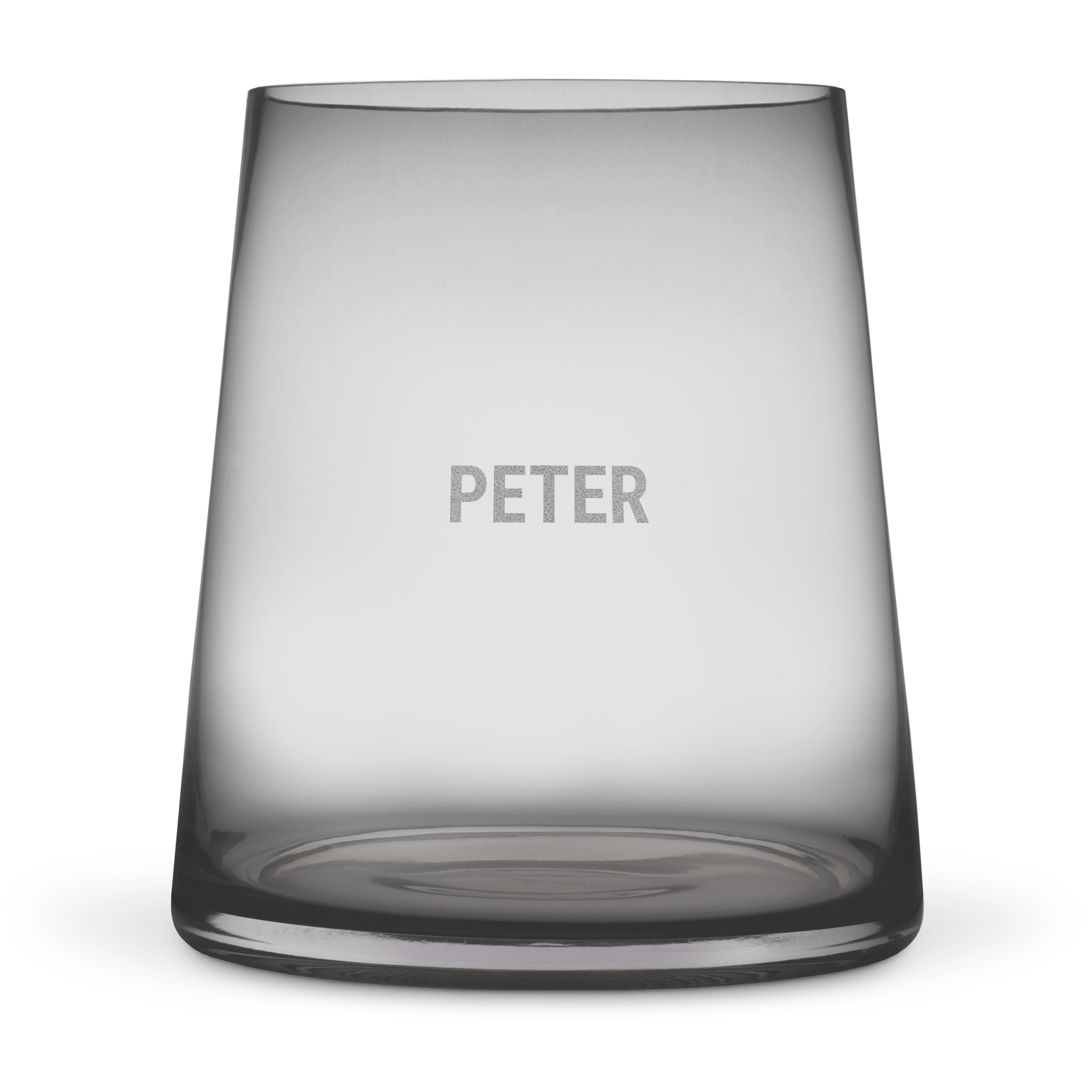 Szklany personalizowany wazon z grawerem imienia PETER, idealny do dekoracji kwiatami.