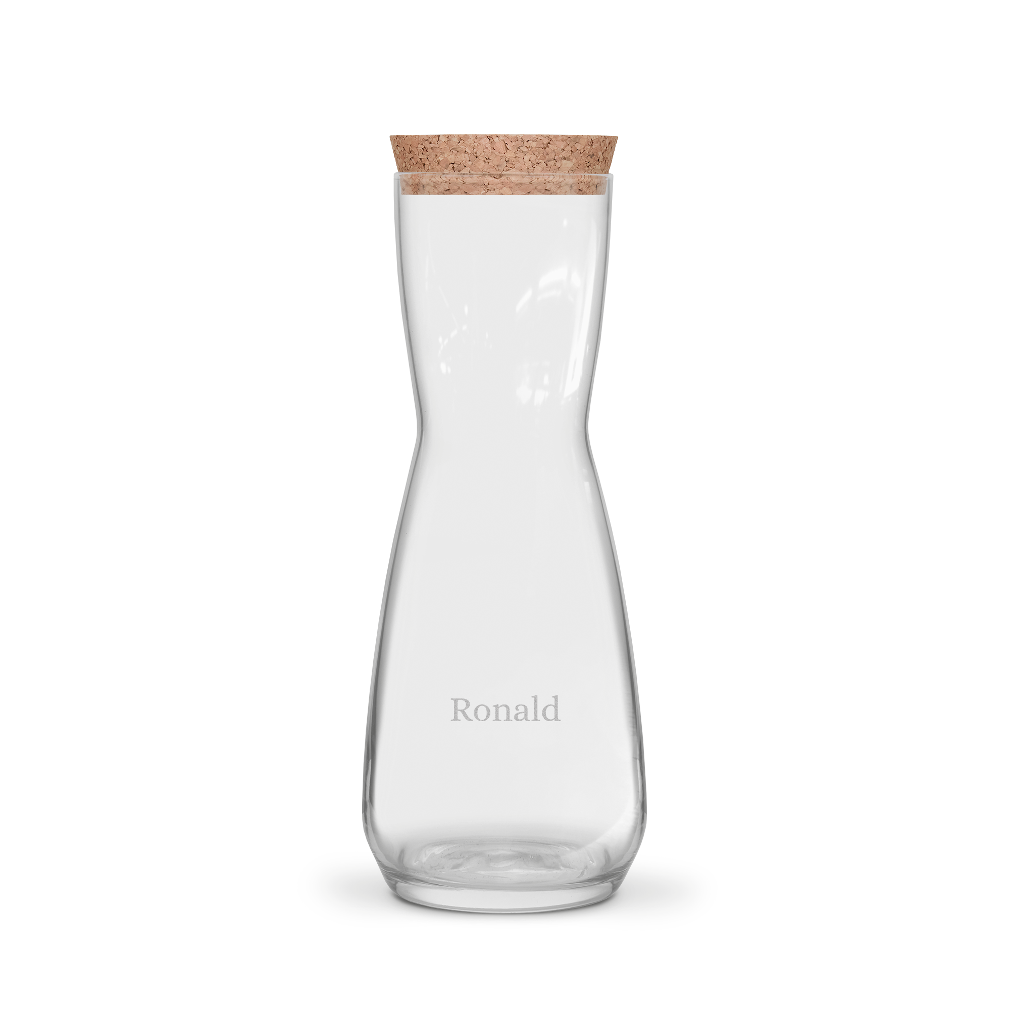 Glazen karaf met kurken dop, gegraveerd met de naam Ronald, een karaf met naam gravure.