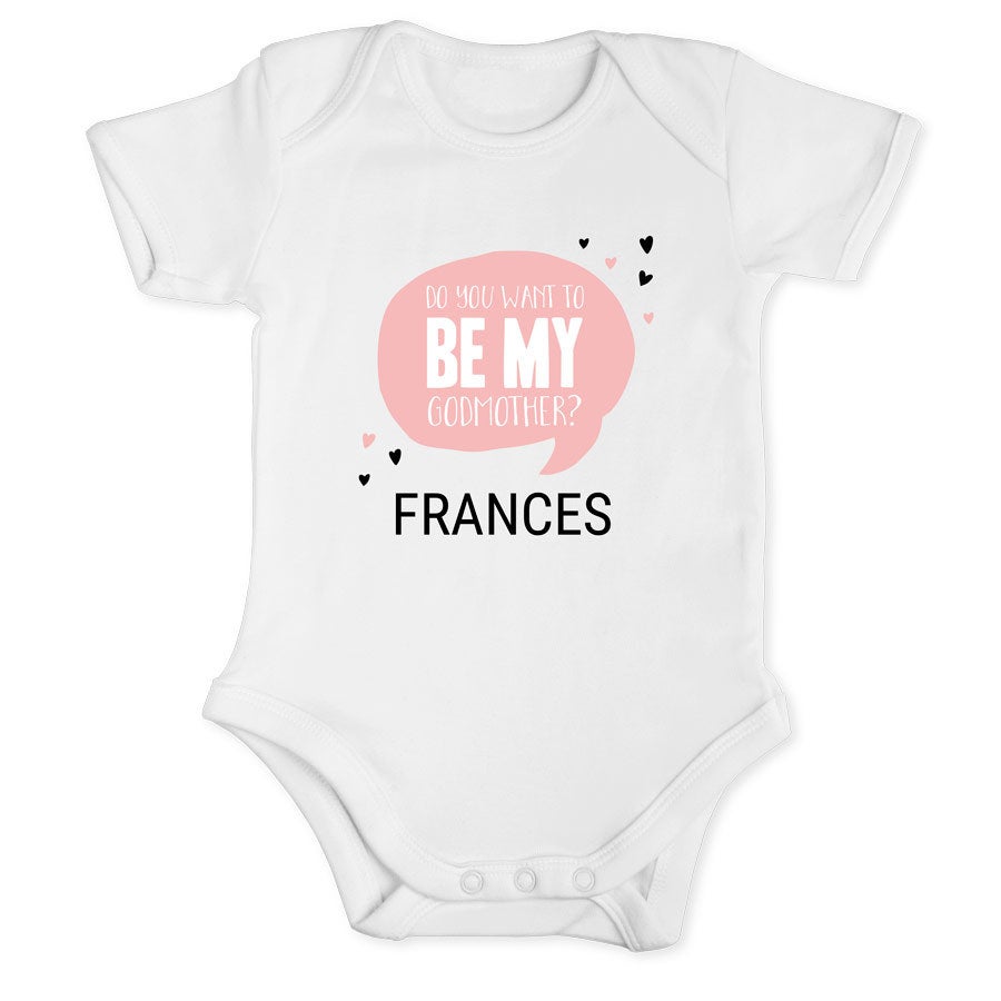 Sarai la mia madrina Tutina bianca personalizzata con la scritta "Do you want to be my godmother?" e il nome Frances. Chiedi al futuro madrina di tuo figlio con questa tutina unica con il nome!