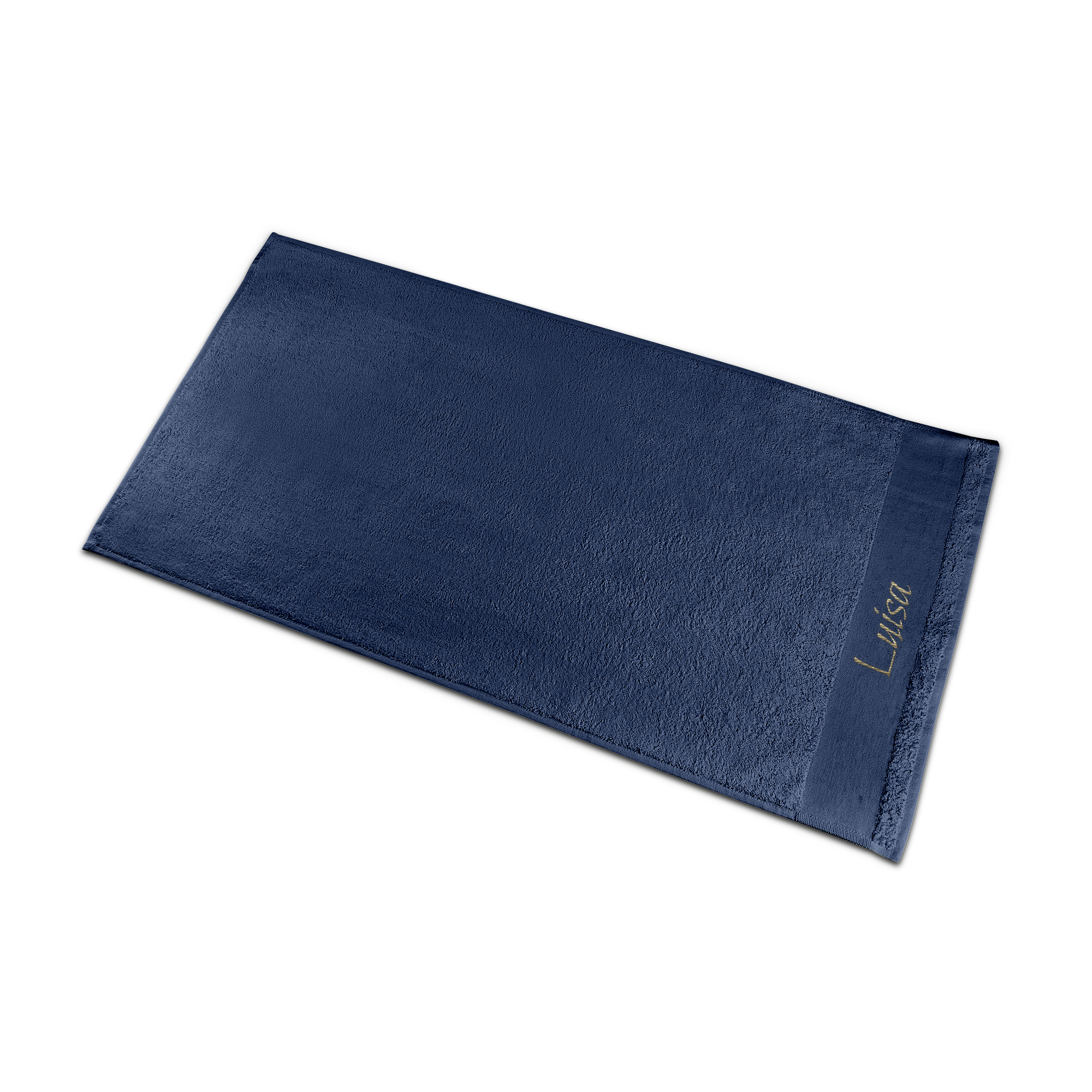 Toalla personalizada bordada en azul marino con el nombre "Luisa" en hilo dorado.