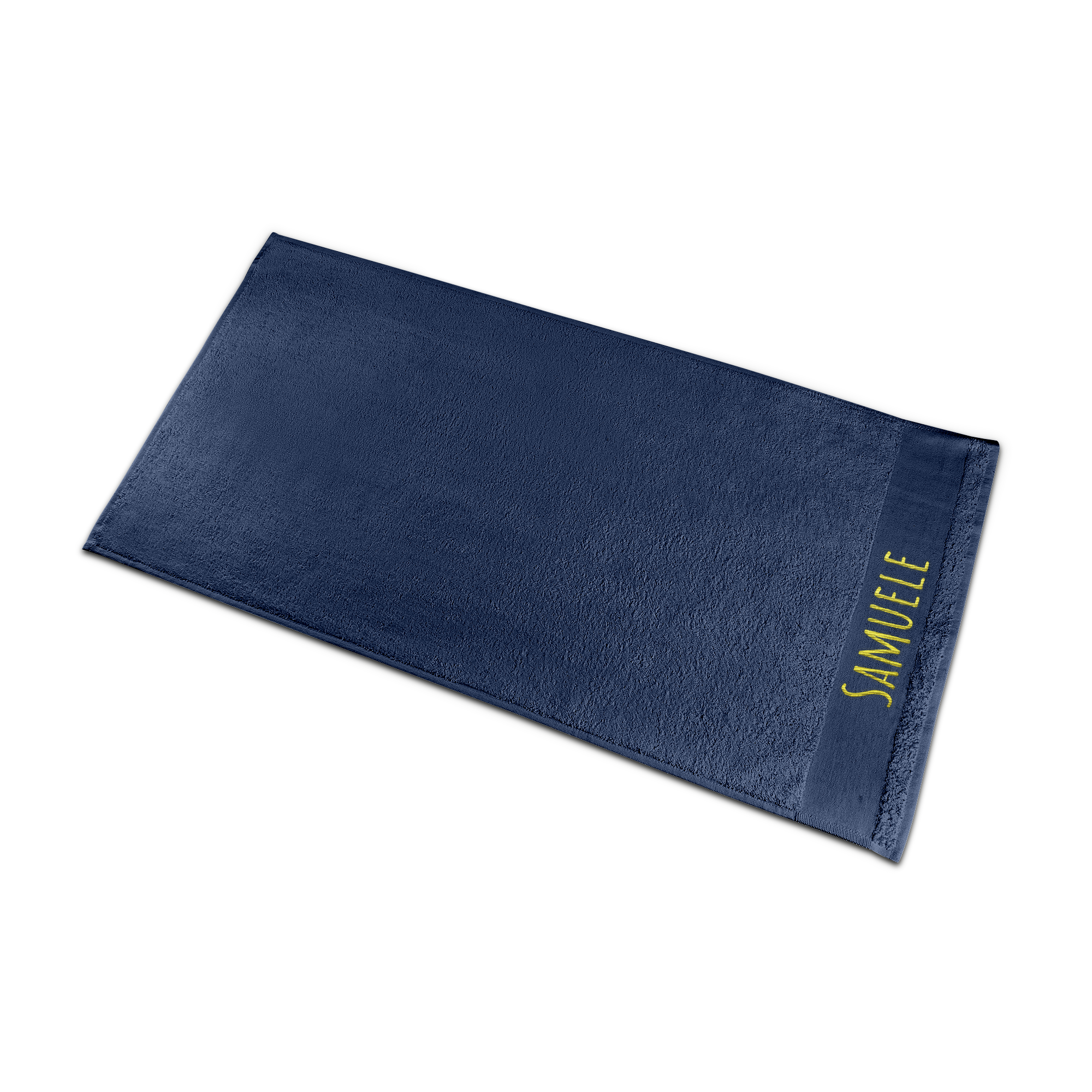 Asciugamano personalizzato navy, ricamato con il nome Samuele in giallo. Rendi speciale ogni momento del bagno con un asciugamano ricamato.